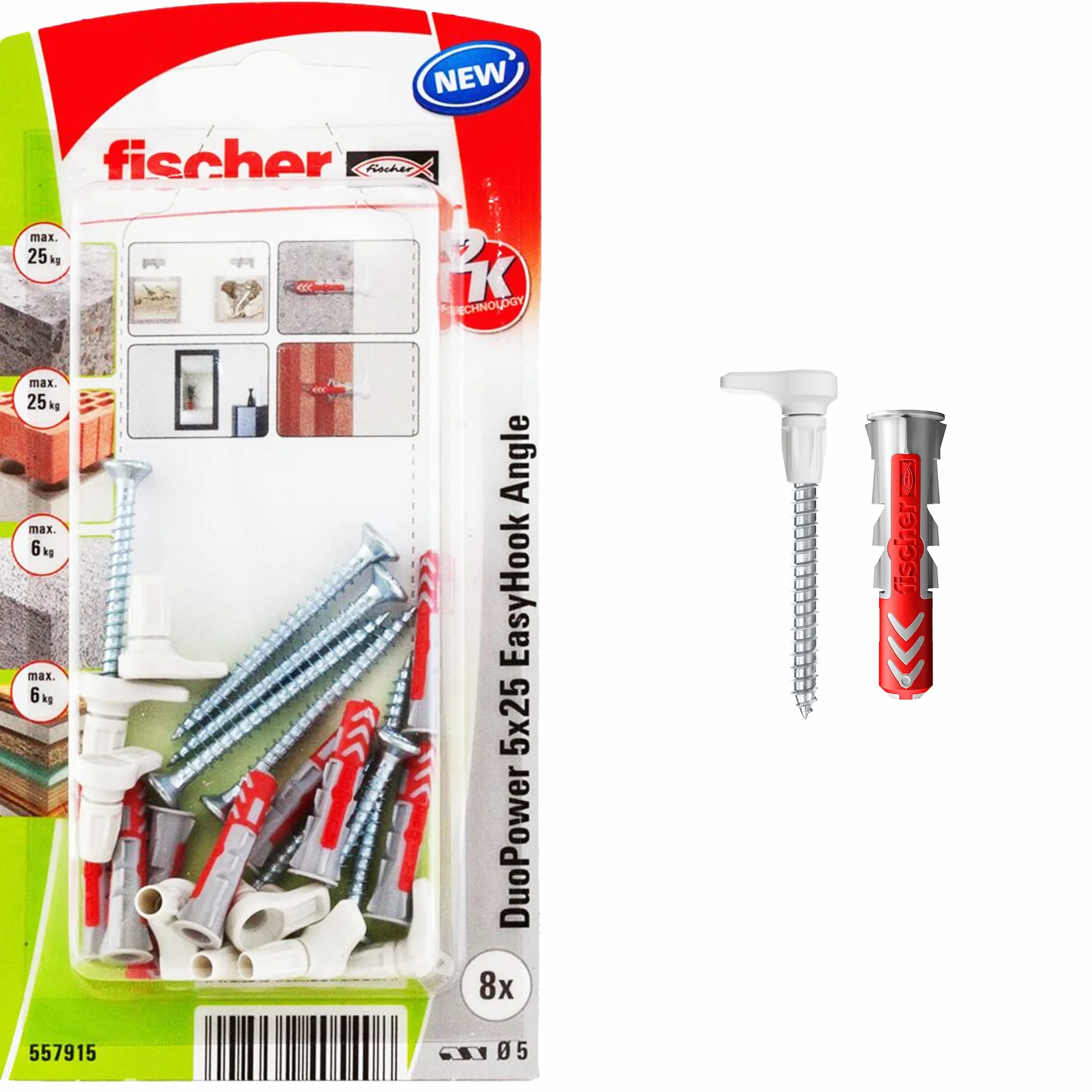 Fischer EasyHook Angle 5, set da 8 ganci ad angolo e 8 tasselli DuoPower 5 x 25 mm