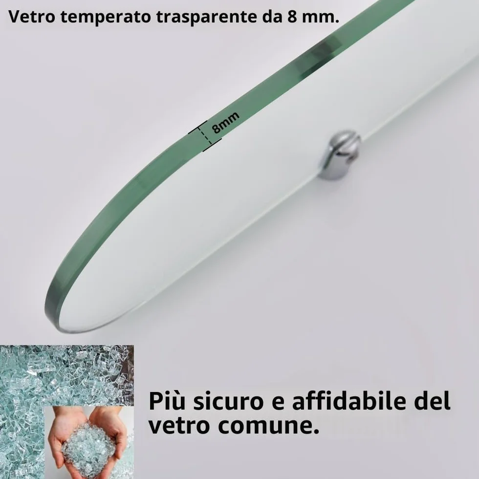 Mensola da Bagno in Vetro Temperato 8mm, 50x12cm Bordo Ovale Curvo, Staffe in Ottone Cromato
