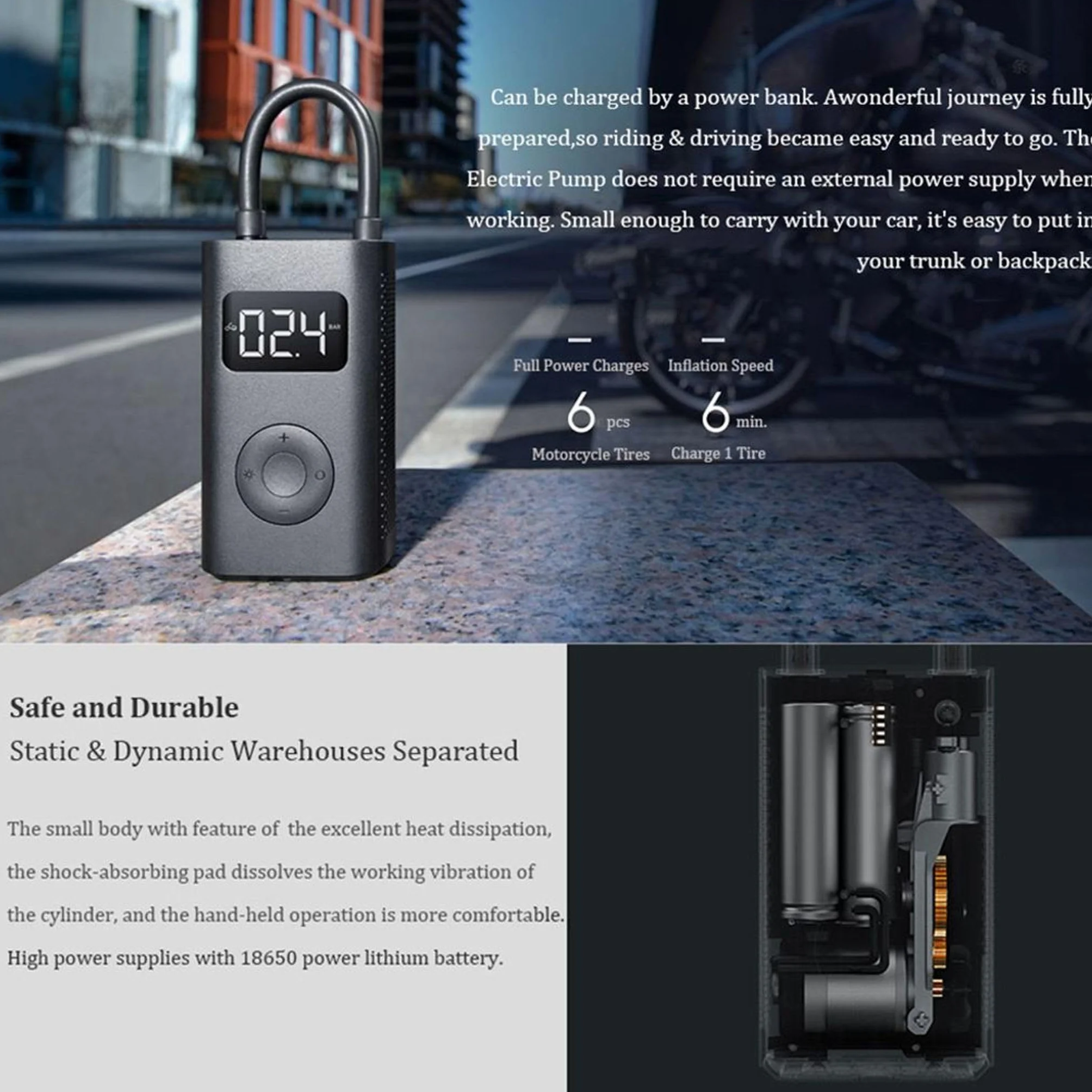 Mijia Compressore d'aria portatile 2000 mAh 0.2-10.3 bar 3-150 psi USB-C nero