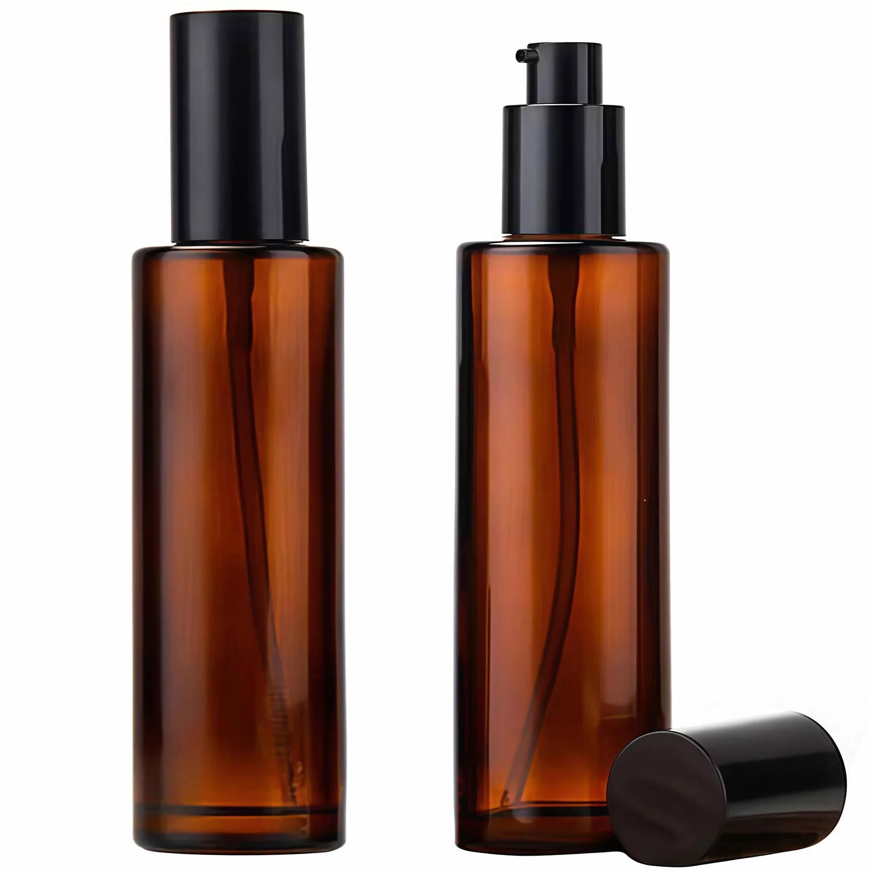 2 flaconi vuoti in vetro smerigliato ambrato da 100 ml, con erogatore a pompa, dispenser per trucco con tappo nero, per oli essenziali, fondotinta, crema e lozioni