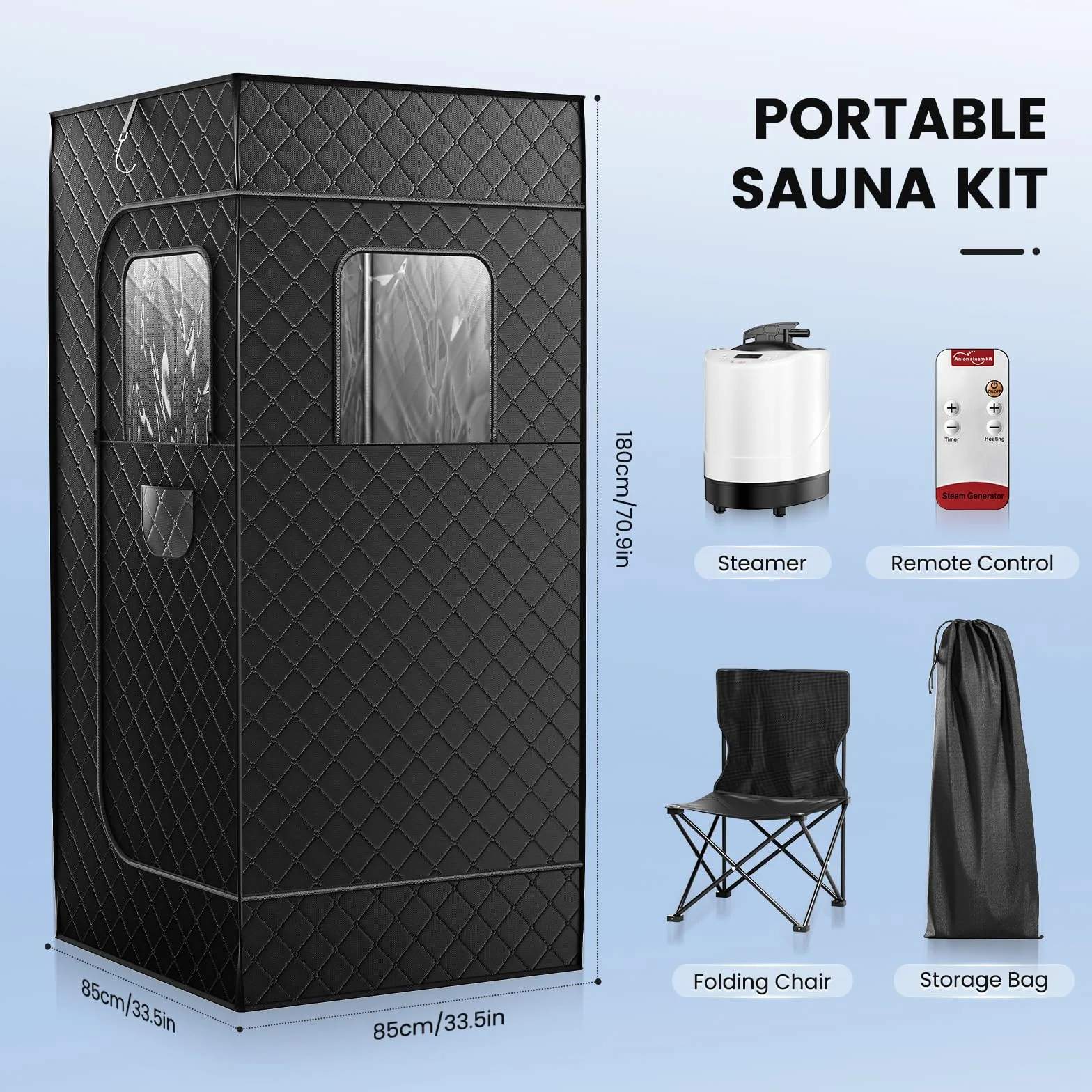 Sauna Portatile 180×80×80 cm 2.6L Vapore 9 Livelli Calore Riscaldamento Rapido 3 Minuti Sedia Pieghevole Telecomando