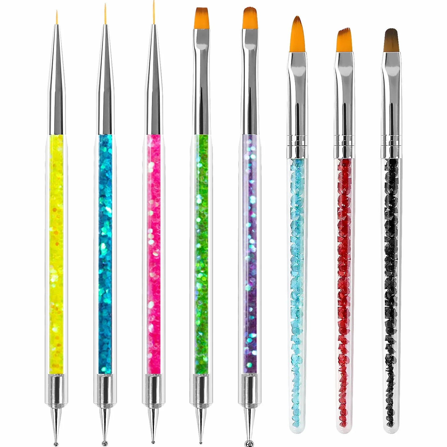 Sularpek Pennelli Unghie Gel, 8 Pezzi Penelli Unghie Professionali Set, Penne per Nail Art Attrezzi a Doppia Punta, con Manico con Strass e Setole in Nylon