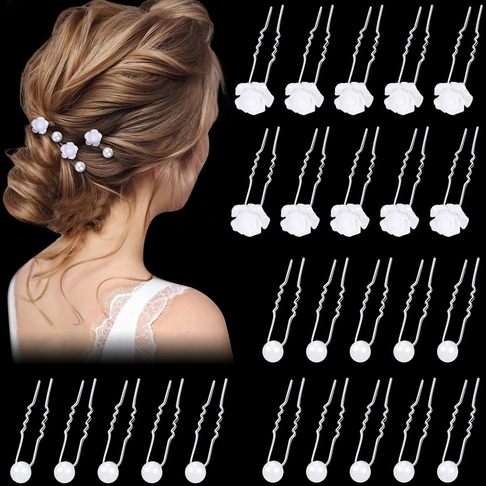 25 Pezzi Forcine per Capelli Sposa, Accessori Capelli Sposa Forcine per Capelli di Rosa Bianca Perla, Capelli con Perlé a Forma di U per Matrimoni, Spose, Damigelle, Anniversari e Comunione
