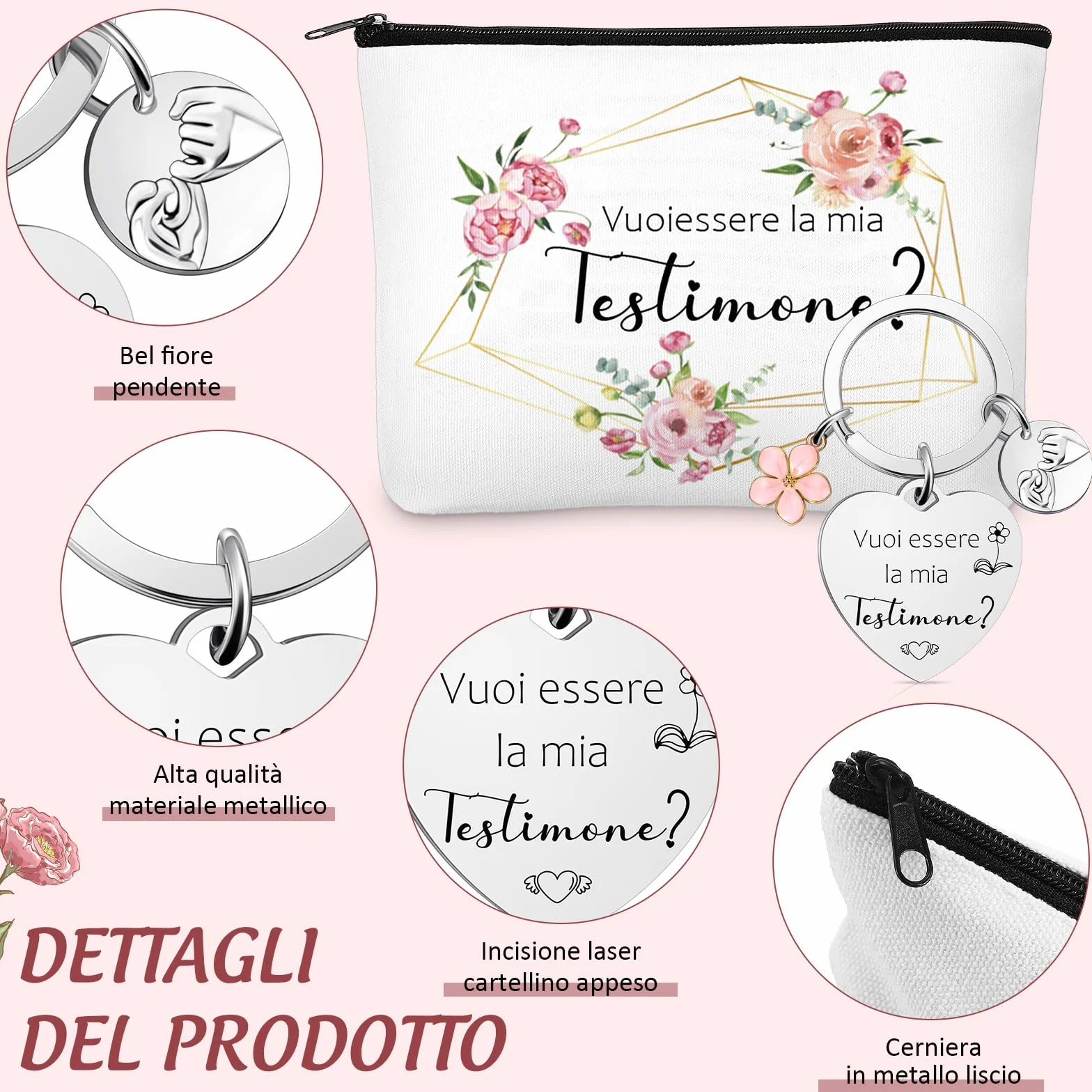 Tenare Set Regalo per Testimone di Nozze Borsa Cosmetica in Tela e Portachiavi con Scritta Vuoi Essere la Mia Testimone Regalo per Damigella d'Onore Rischiesta Proposta Testimone di Nozze