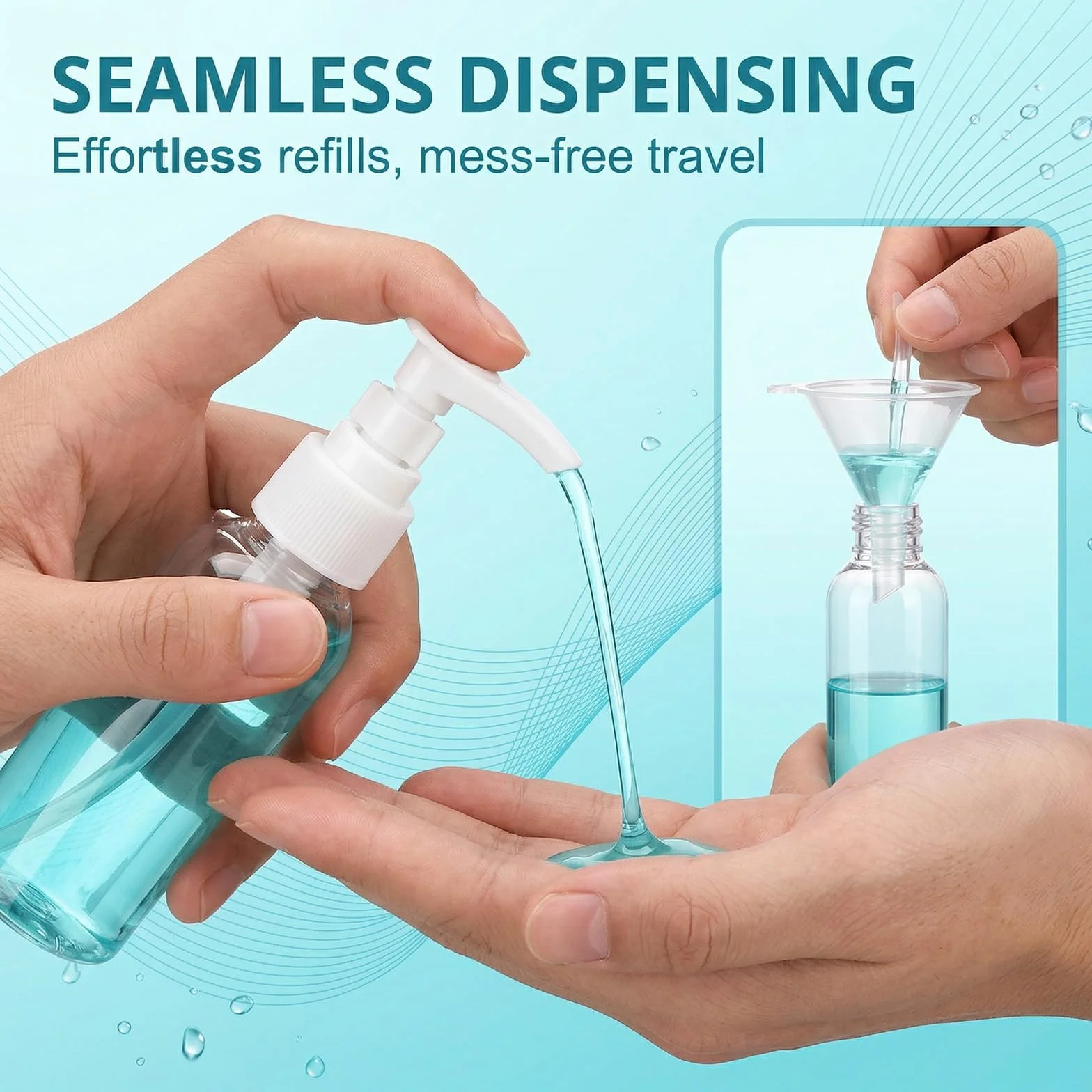 6 Pezzi Distributore a Pompa Airless 50ml, Flacone a Pompa Vuoto in Plastica Trasparente, Distributore di Crema & Sapone, Inclusi 3 Imbuti & 1 Etichetta, Ideali per Cosmetici, Shampoo & Crema