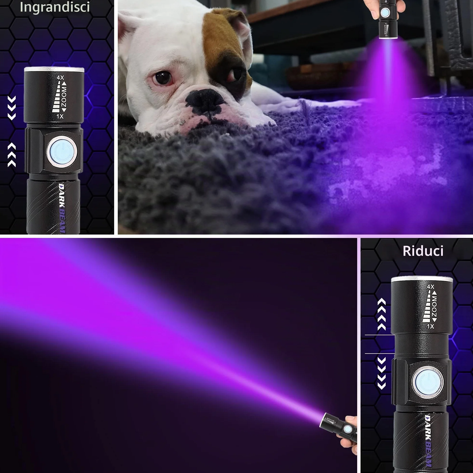 DARKBEAM Torcia UV 395nm USB Ricaricabile LED, Lampada di Wood Portatile, Luce Nera Ultravioletta Blacklight Mini