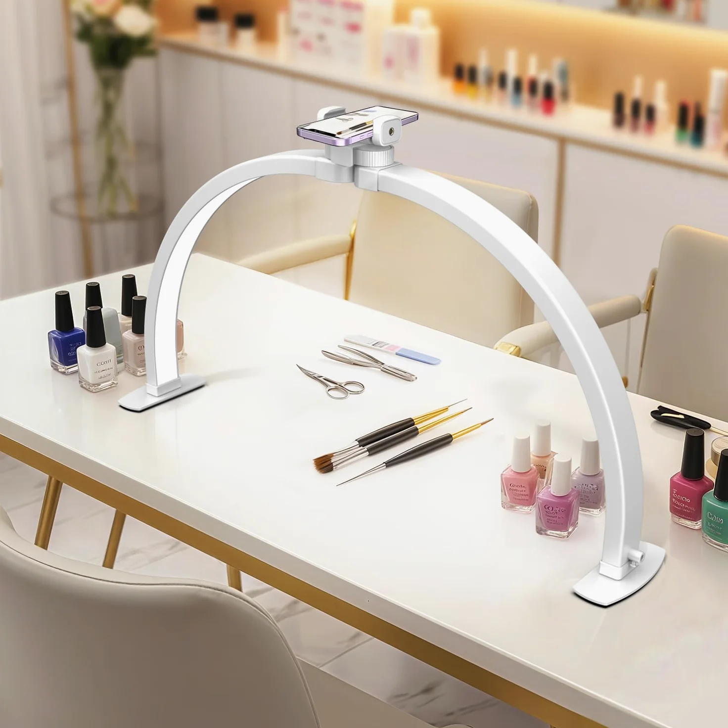 yAyusi Mezza Luna Lampada, 74CM 35W Pieghevole Lampada da Tavolo per Unghie con Supporto per Cellulare, 3 Modalità, 10 Livelli di Luminosità Regolabili, Adatti per Bellezza/Nail Art/Tatuaggio
