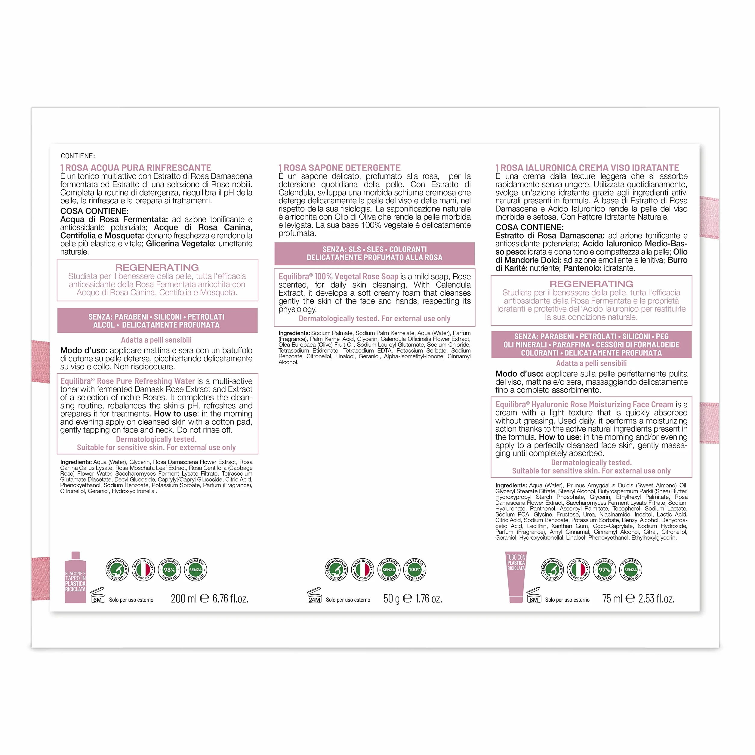 equilibra Viso, Kit Viso Rosa Ialuronica Idratante, Rosa Acqua Pura Rinfrescante, Rosa Sapone 100% Vegetale detergente, Rosa Ialuronica Crema Viso Idratante, Confezione Regalo