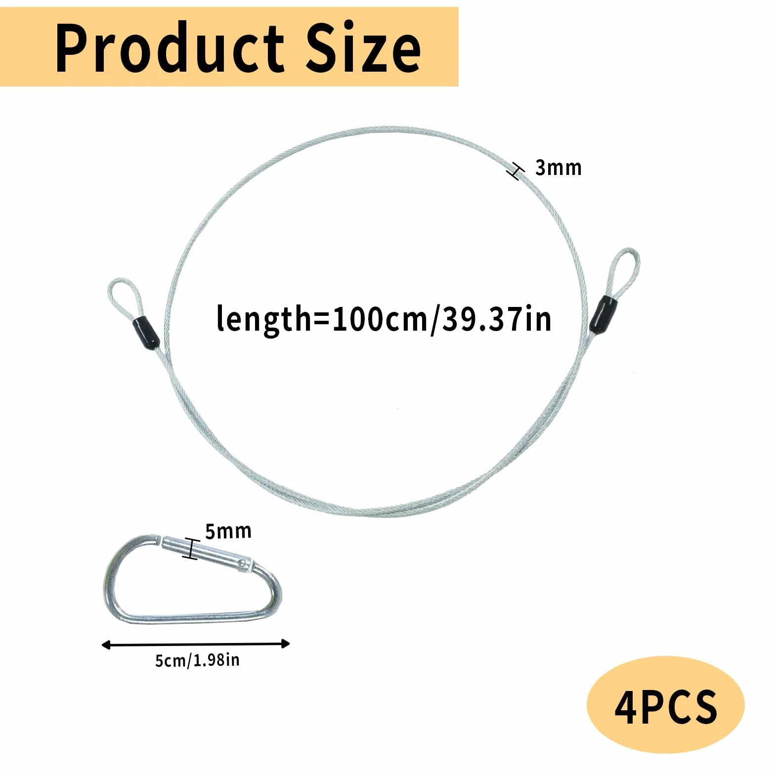 Cavi di sicurezza 100 cm × 3 mm Cavo Acciaio Rivestito in PVC Anticaduta con Gancio per Luci Palco DJ Bicicletta