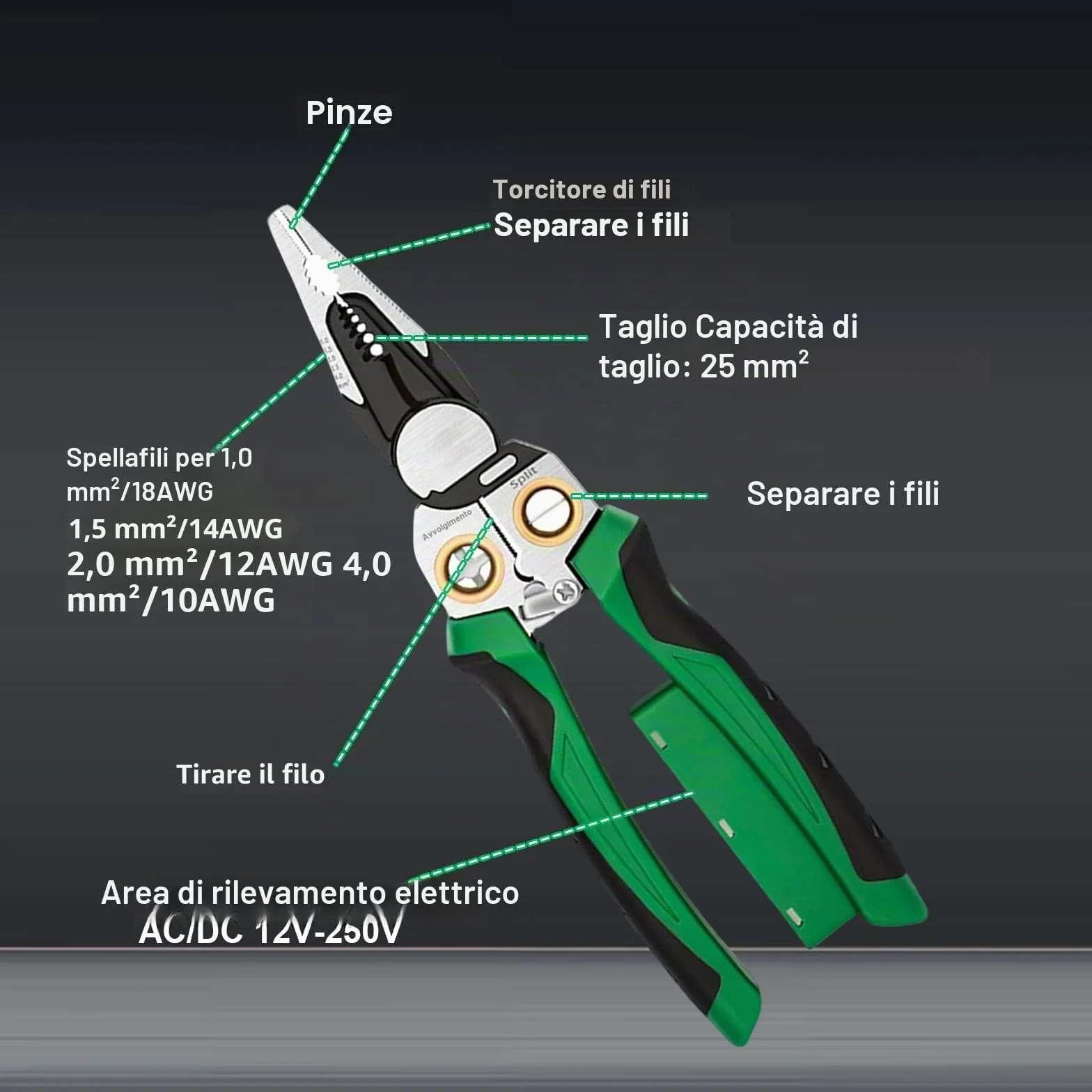 Pinza Spelafili 8 in 1 con Tester di Tensione, Utensile Elettricista Multifunzione per Tagliare, Crimpare, Tirare Cavi