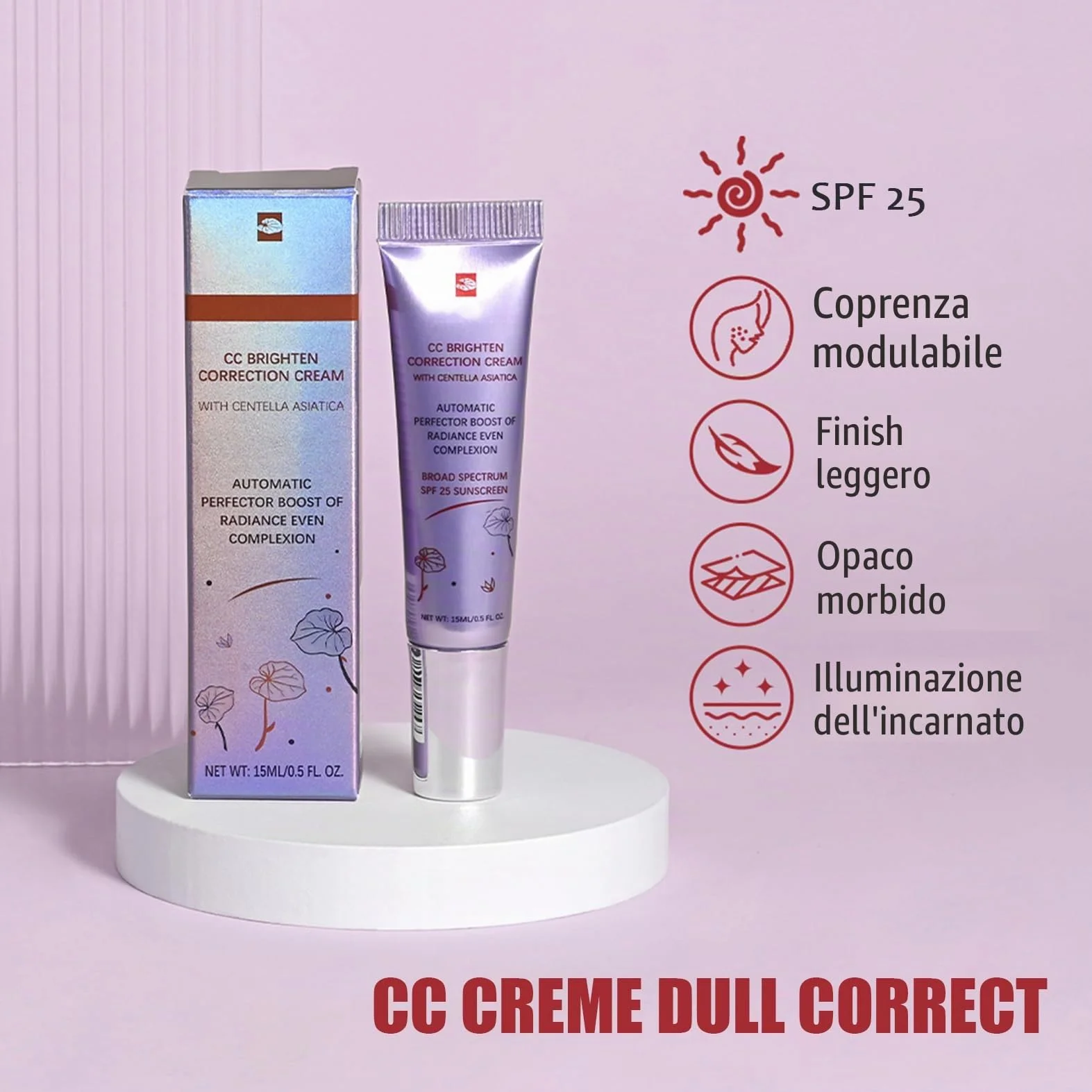 CC Cream Dull Correct, CC Creme cura automatica della carnagione con Centella Asiatica, fondotinta coreana con SPF 25, migliora la carnagione e idrata, impermeabile e durevole