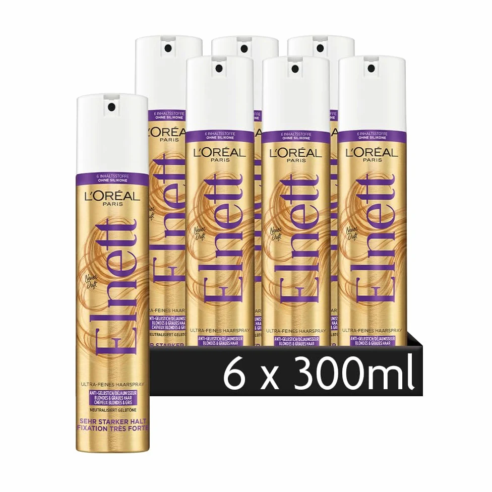 L'Oréal Paris Elnett - Spray per capelli ultra fine, anti-gialli, per capelli biondi e grigi, tenuta molto forte, 6 x 300 ml