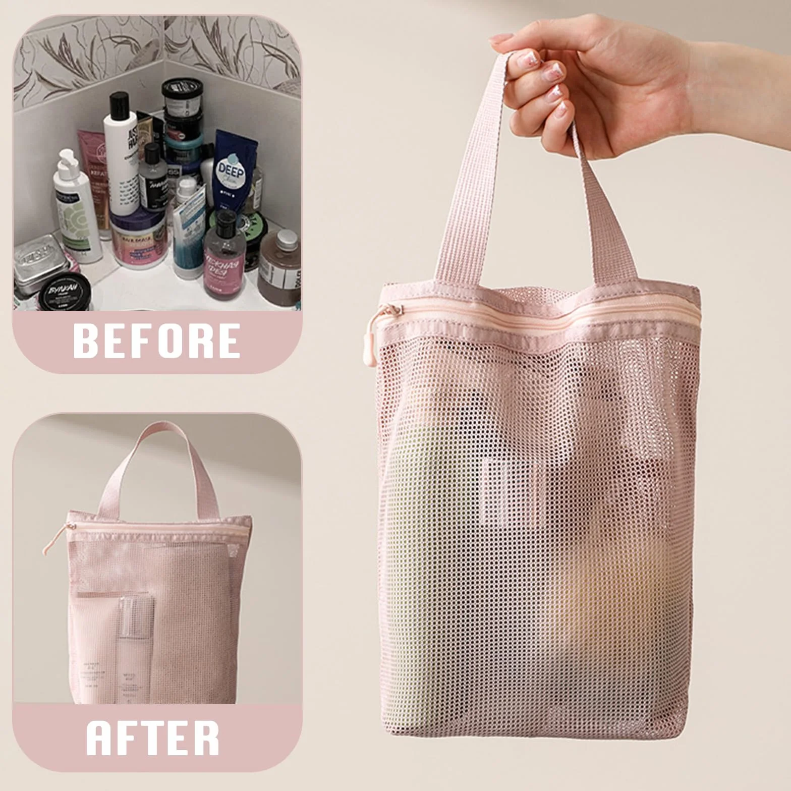 Wash Bag in Rete, Borsa da Doccia in Rete, Portatile Organizer in Retes, Asciugatura Rapida Borsas da Trasporto per Articoli da Toilette con Tre Scomparti per Palestra Viaggi Campeggio Nuoto