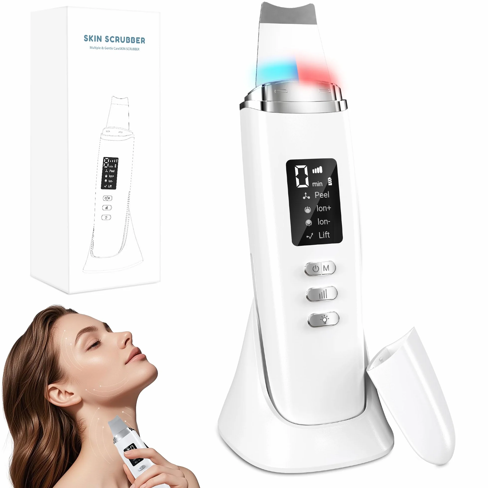 Pulizia Viso Ultrasuoni, Skin Scrubber con 4 Modalità e Intensità Regolabile, Luce Rossa e Blu Spatola Professionale Punti Neri Rimozione Pulizia Profonda la Viso Peeling e Cura