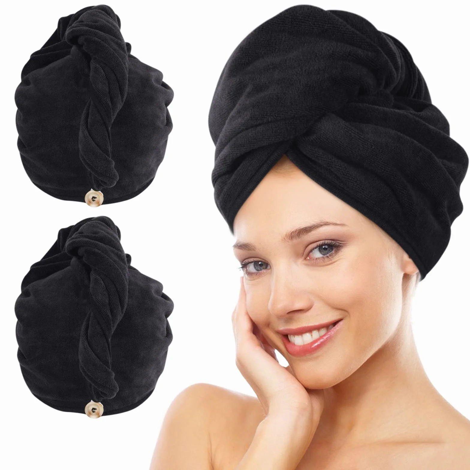 KinHwa Asciugamani Turbante Super Assorbente Turbante Microfibra per Capelli Asciugatura Rapida con Bottone 30cm x 70cm 2 Pezzi - Nero