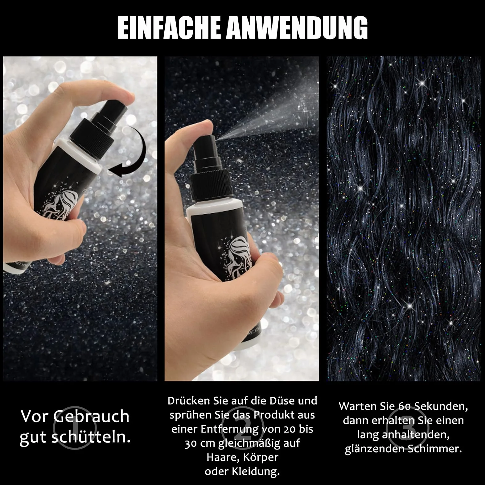 Spray glitter argento, glitter spray per capelli e corpo, glitter per viso e vestiti, body glitter spray con nebbia ultra fine, accessori per festival ad asciugatura rapida per Halloween Carnevale