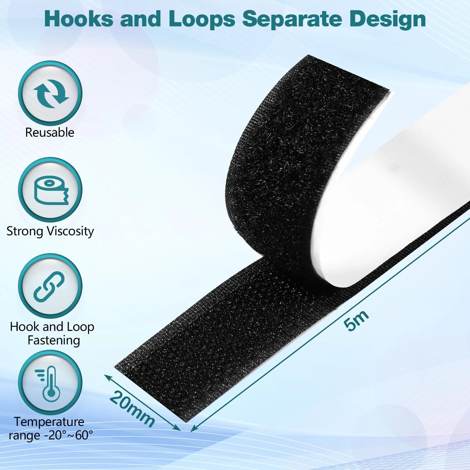 Nastro Adesivo a Strappo Feltro Oderra 5M x 20MM Hook Loop Autoadesivo Nero