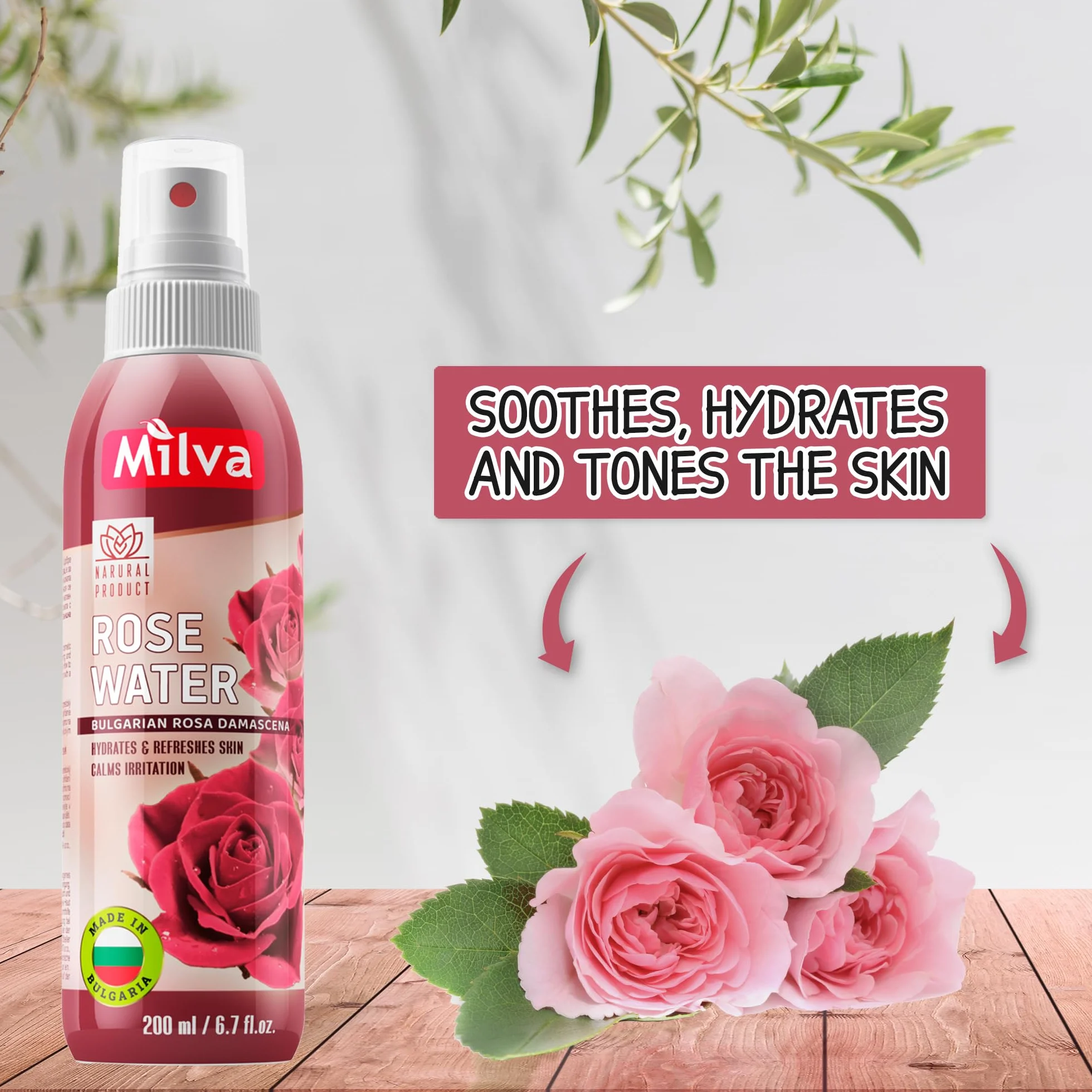 Milva Acqua di Rose Spray Idratante per Corpo e Viso, 200 ml – Tonico Spray Rinfrescante con Olio di Rosa Damascena Bulgara – Struccante Senza Alcol – Acqua di Rose Naturale anche per Capelli