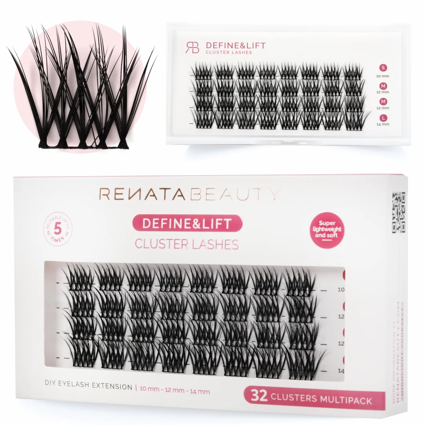 Renata Beauty Define&Lift Ciglia Finte in Gruppo - Multipack da 32 pezzi, Lunghezze Miste (10mm, 12mm, 14mm), Ricciolo C, Valorizza la Linea Naturale delle Ciglia, Ideali per l'Uso Quotidiano