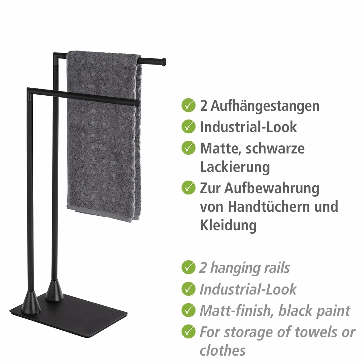WENKO Piantana portasalviette Hella Stender portabiti, Acciaio, 43.5 x 78.5 x 20 cm, Nero