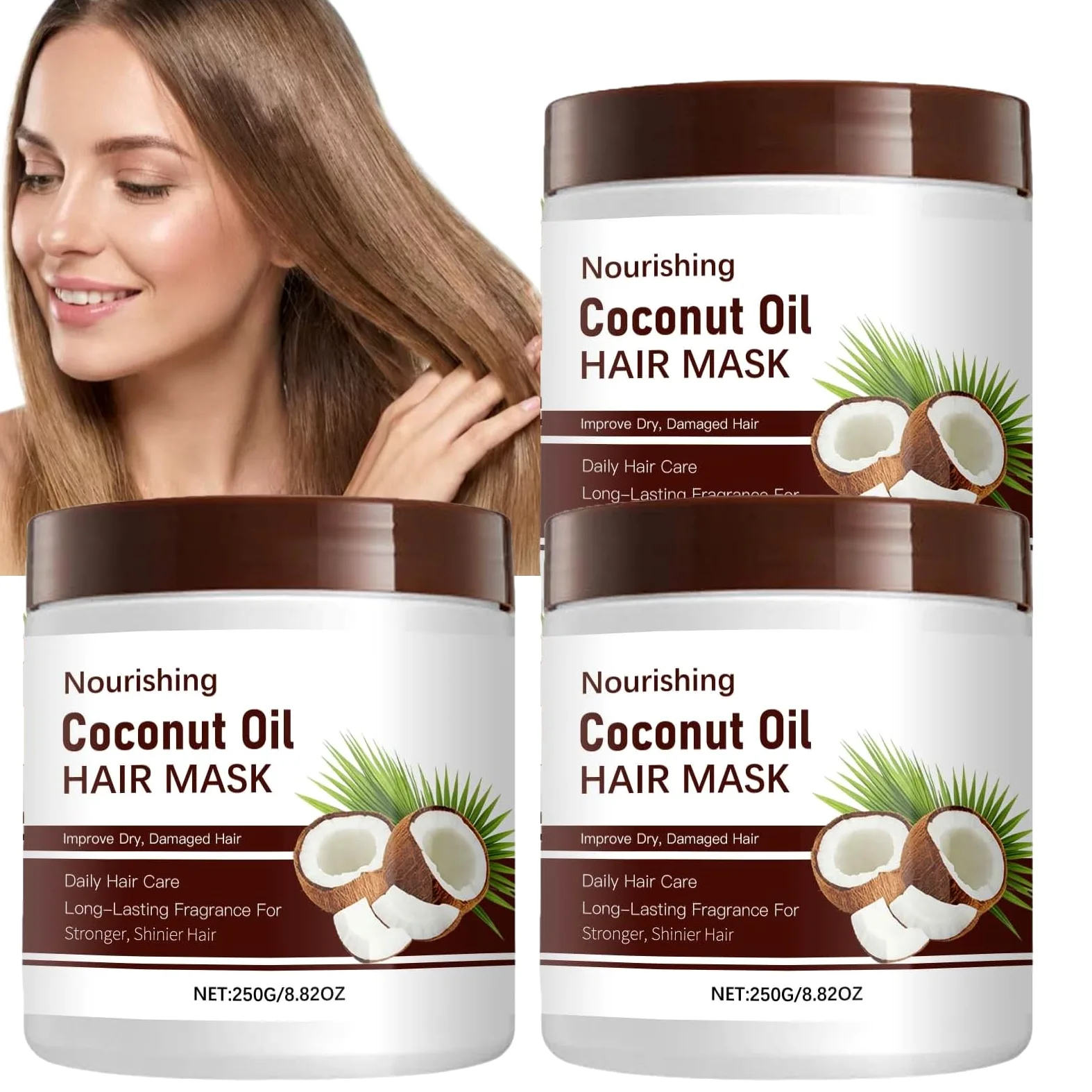 Maschera per capelli con olio di cocco per capelli danneggiati, cura profonda con vitamina E, rinforzante e idratante, nutriente, arricciante, lucida, morbida ed elastica per le donne (3 pezzi)