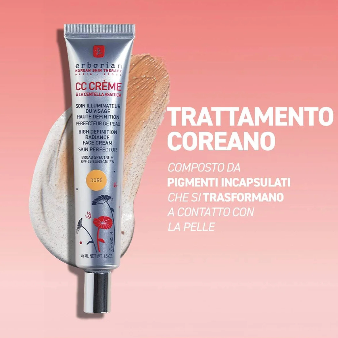 Erborian - CC Crème alla Centella Asiatica - Trucco per il Teint e Trattamento Illuminante ad Alta Definizione - Trattamento Cosmetico Coreano per il Viso con SPF 25 - Doré 15 ml