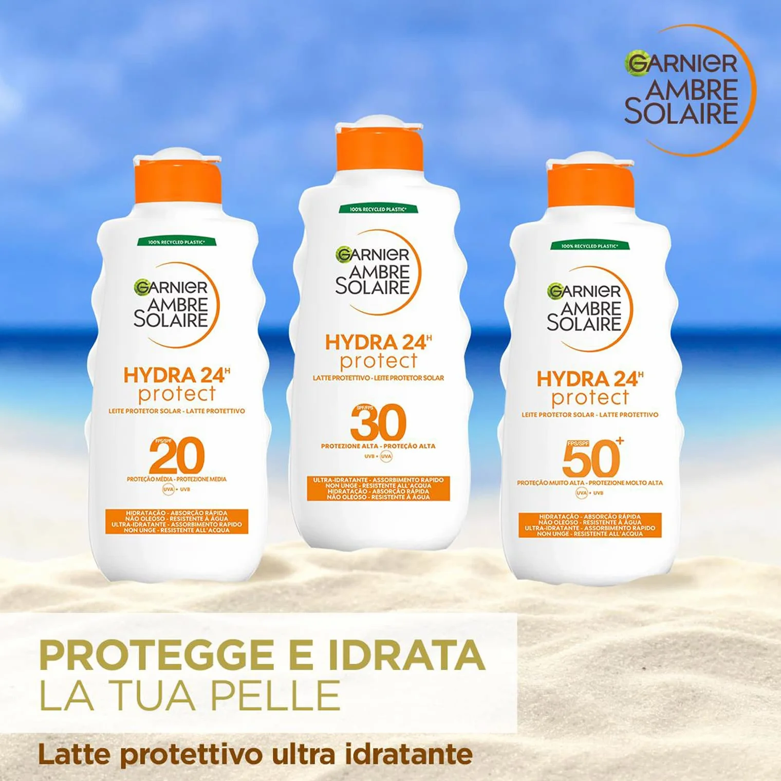 Garnier Ambre Solaire Latte Protettivo Hydra 24H Protect, Viso e Corpo, Ultra-Idratante per Tutto il Giorno, Con Protezione Alta SPF 30, Resistente all'Acqua, A Rapido Assorbimento, 200 ml