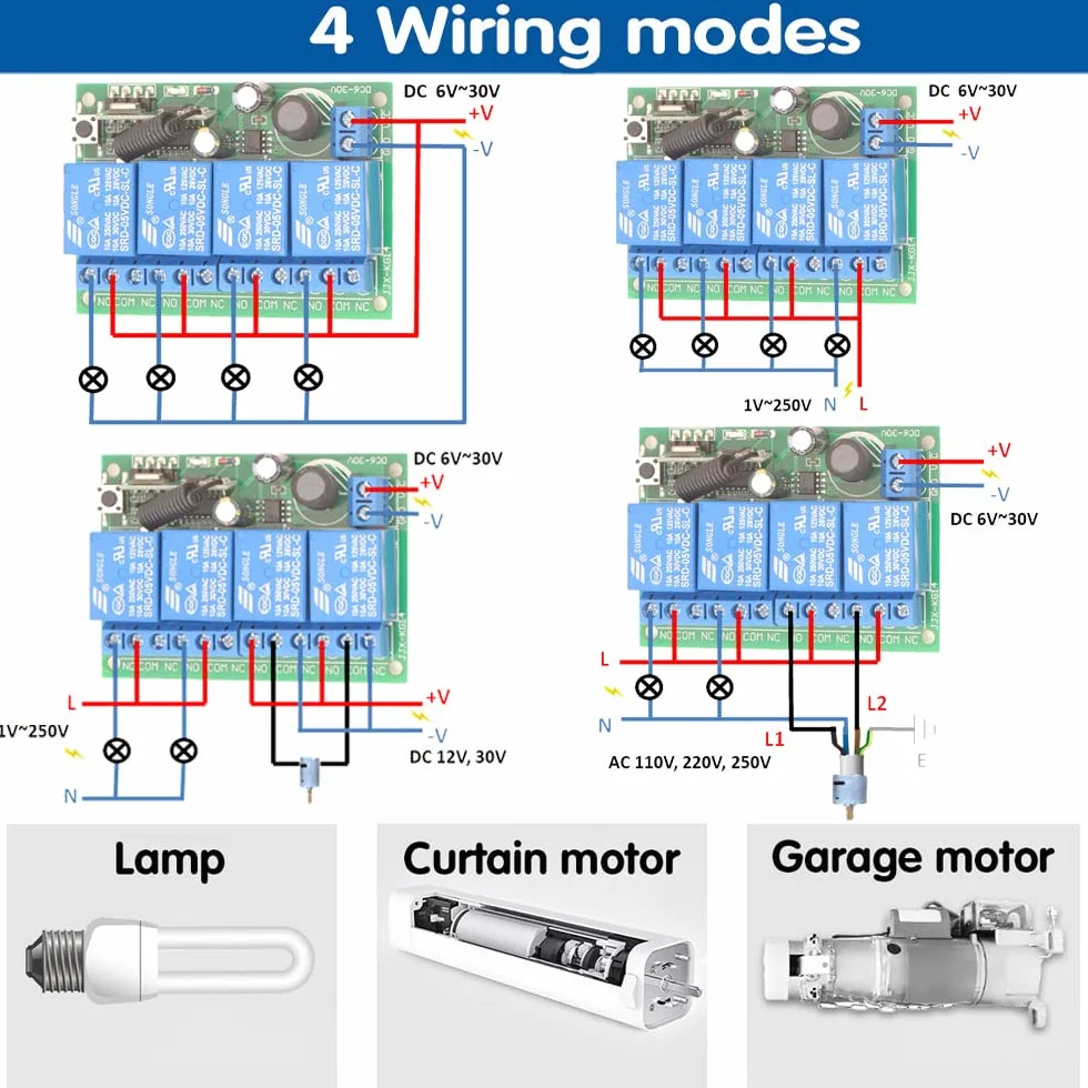 DieseRC 4CH Interruttore di controllo remoto wireless DC 12V 24V 10A Ricevitore relè 433Mhz 2 trasmettitori RF