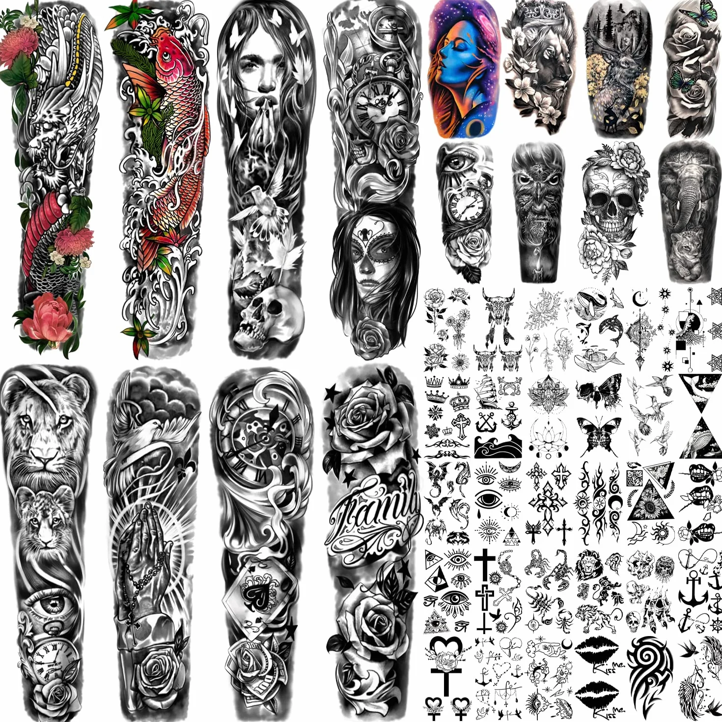 46 fogli grandi tatuaggi temporanei a braccio completo per uomini e donne, adesivi per tatuaggi finti impermeabili con fiore di drago manica per adulti o adolescenti sul corpo avambraccio