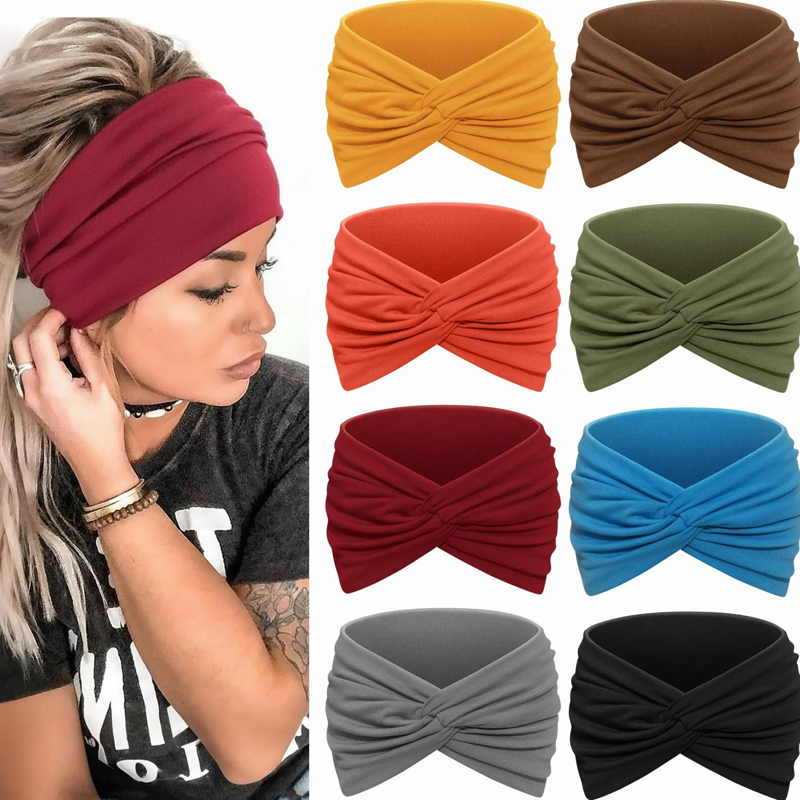 Awumbuk 8 Pezzi Fascia Capelli Donna - 7'' Extra Large Elastico Fasce Capelli Headband Elastico, Multicolore Turbante, per Yoga, Sport, Skincare, Uso Quotidiano Accessori