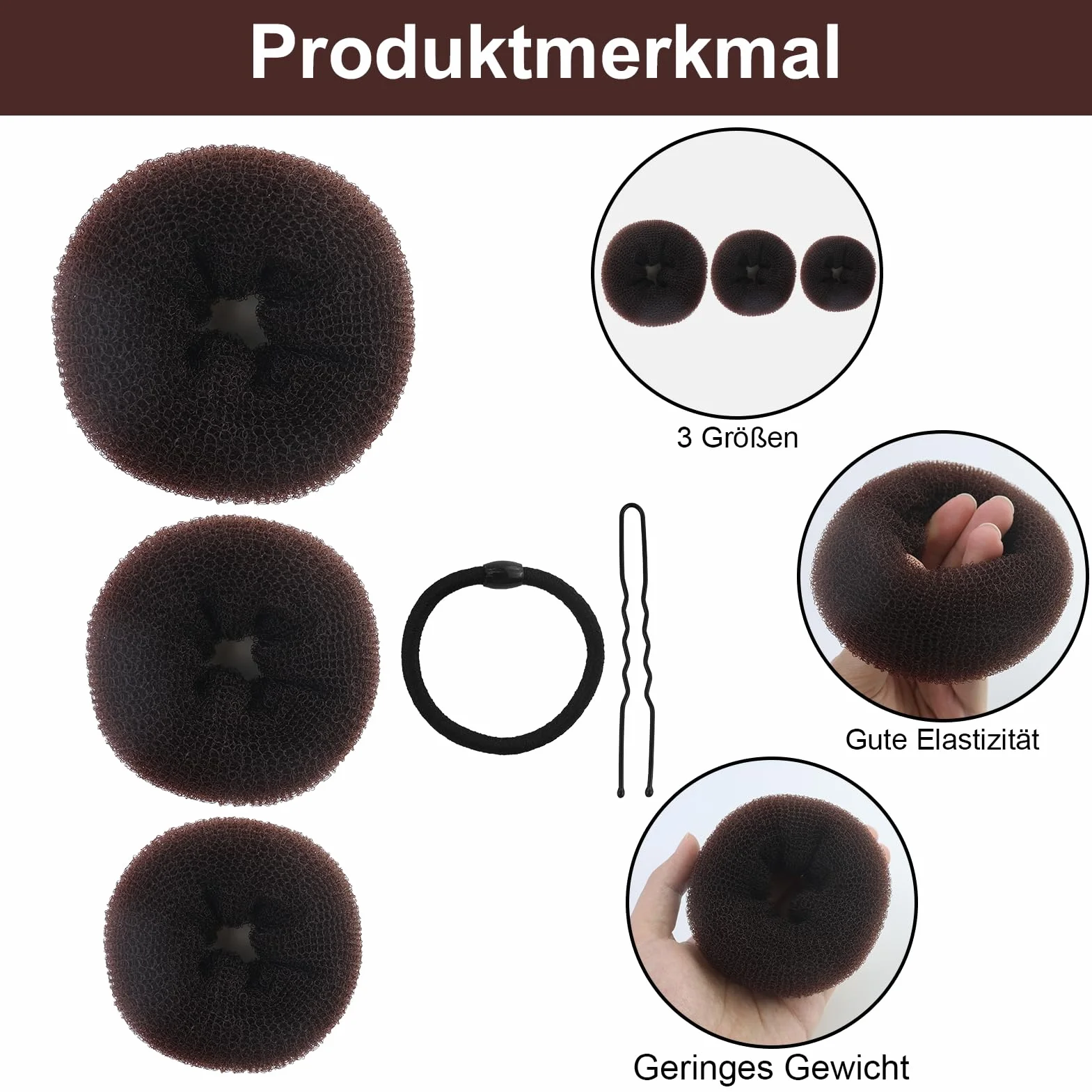 6 Pezzi Ciambella Per Chignon, ciambella chignon facile per capelli, elastico per ciambella chignon, marrone, con 20 elastici neri e 20 clip forma di U, per bambini, feste, vacanze