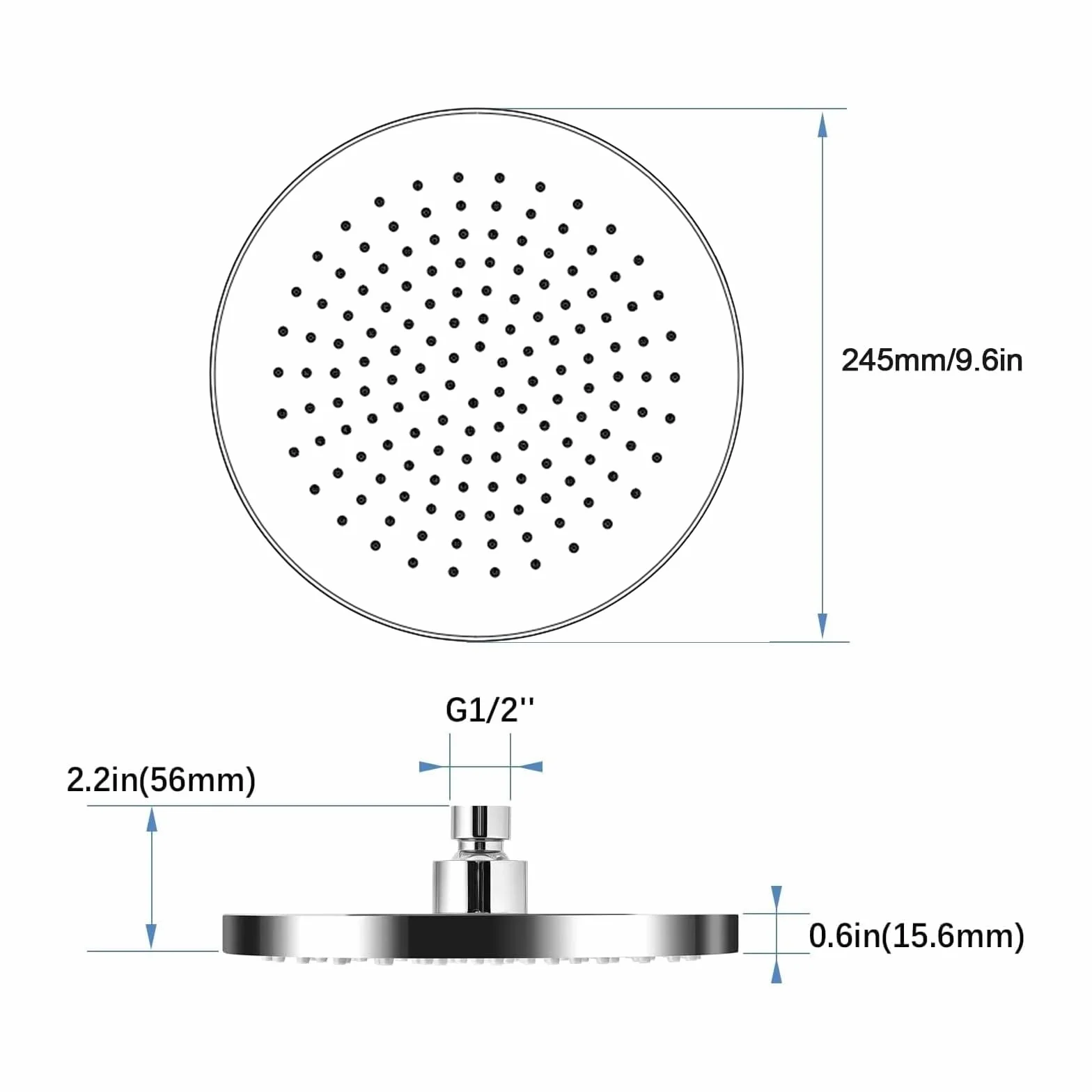 Soffione Doccia Rotondo 24.5 cm Inox 304 Anticalcare Alta Pressione