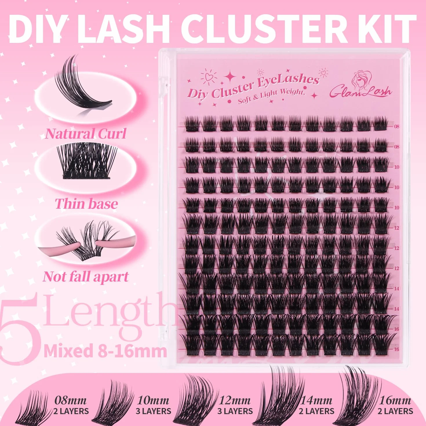 Ciglia Finte Ciuffetti Kit Extension Ciglia Lash Clusters con Bond e Rimuoviciglia 8-16mm,DIY Eyelash Extension Kit (DM-FD32)