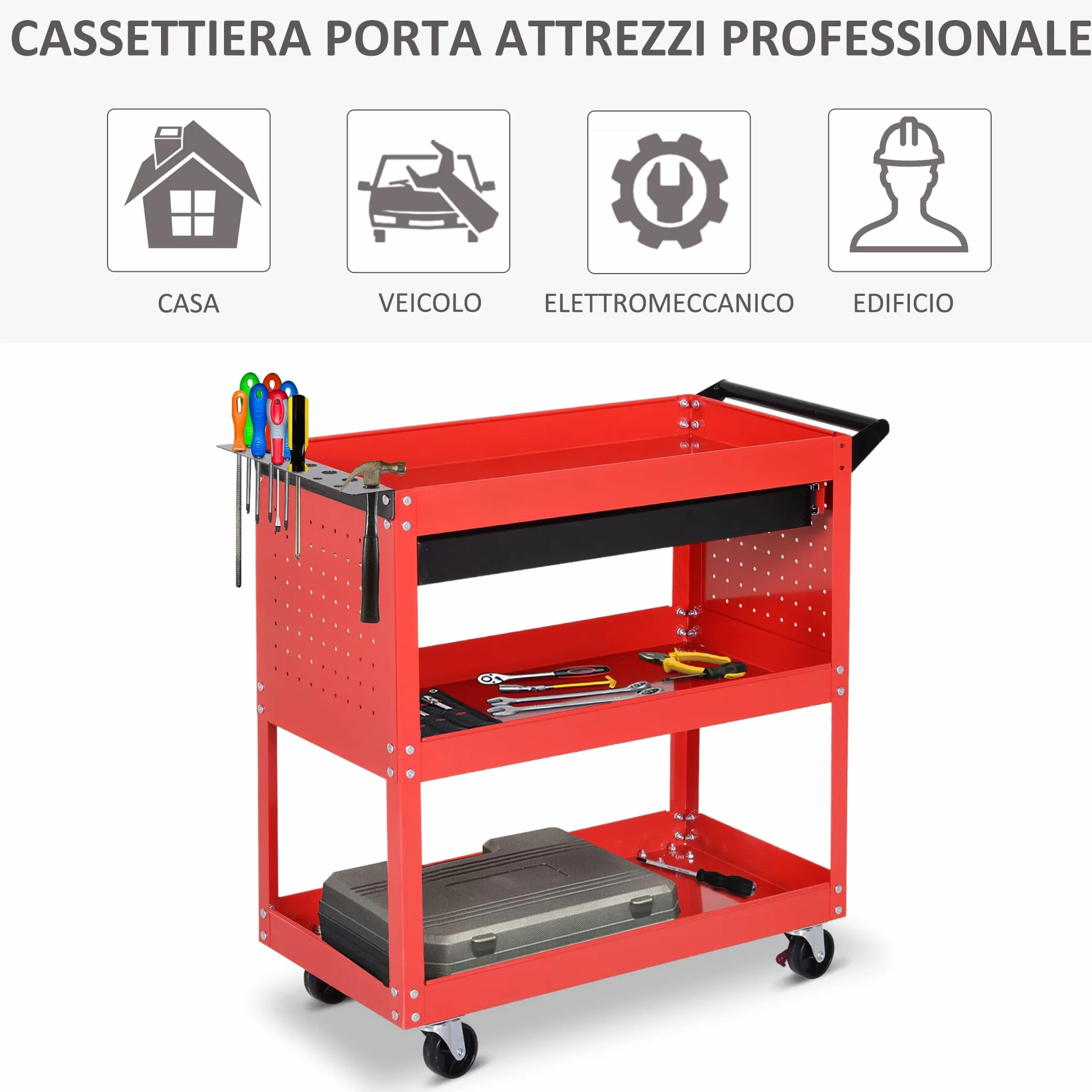 DURHAND Carrello Porta Attrezzi con Cassetto e 3 Ripiani, 4 Ruote, Lamiera di Acciaio, 82x35x76 cm, Rosso