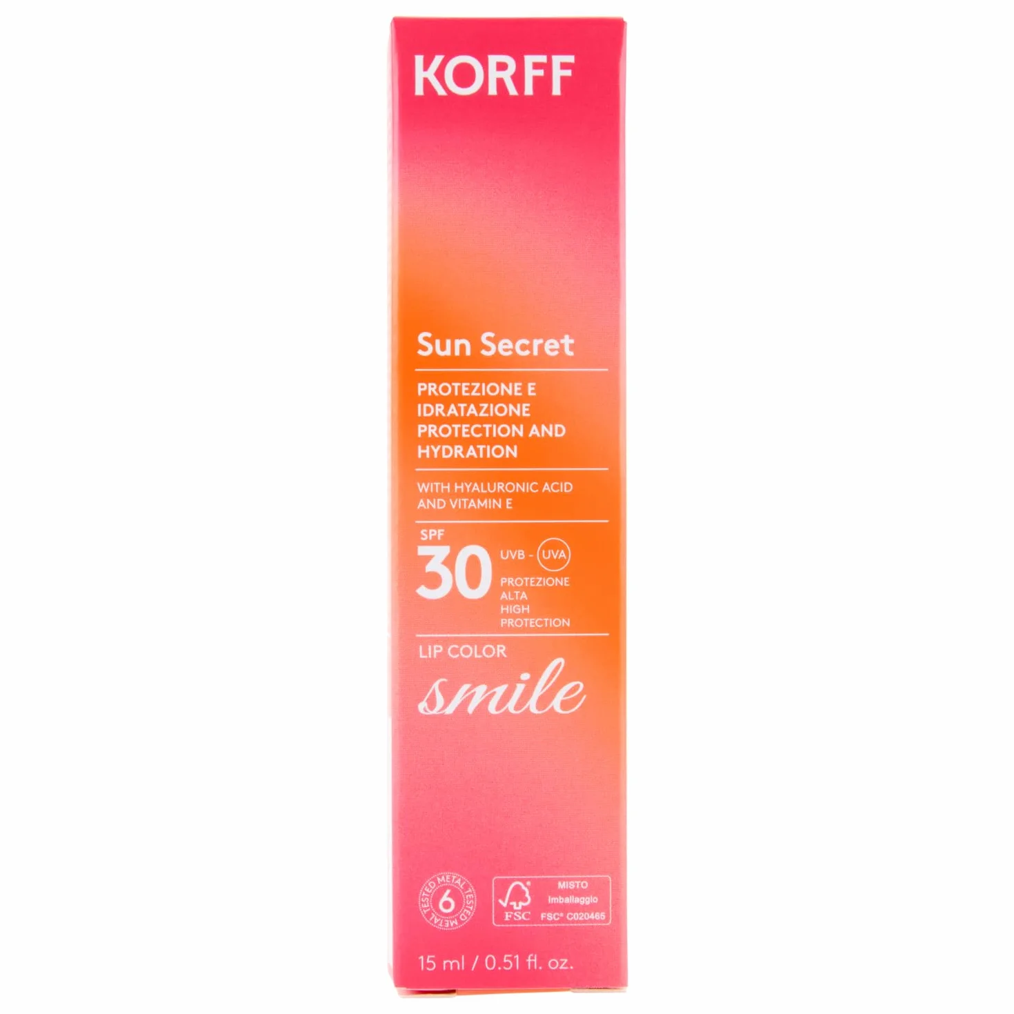 Korff Sun Secret Smile Lip Color SPF30, Stick Labbra Volumizzante e Idratante con Acido Ialuronico, Vitamina E e Burro di Karitè, Protezione Alta. Tonalità 02 Raspberry Pink, 15 ml