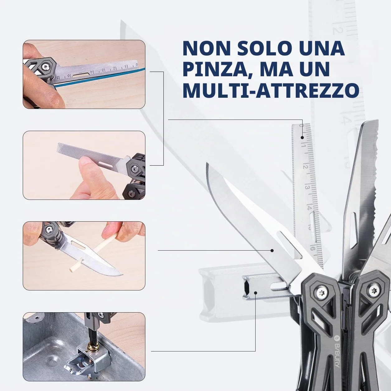Pinza Multiuso BIBURY in Acciaio Inossidabile con Coltello, Apribottiglie, Cacciavite, Attrezzi EDC per Campeggio e Riparazioni