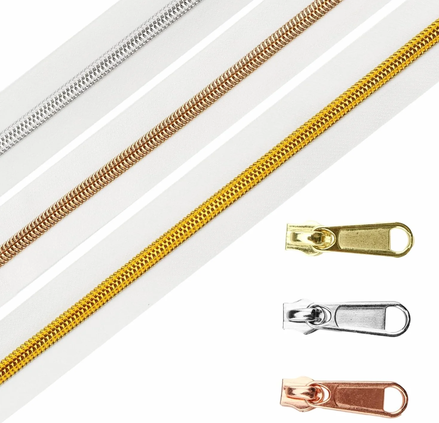 DOITEM Cerniera Senza Fine 15m Bianco Spirale 6mm + 30 Cerniere non Bloccabili Oro Argento Oro Rosa