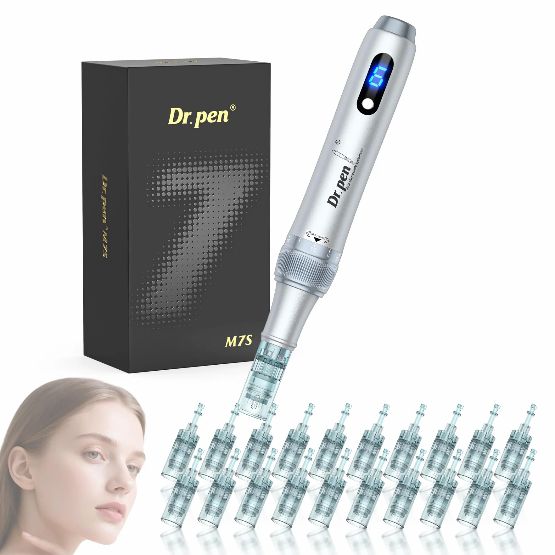 Dr. pen Ultima M7S Microneedling Pen Professionale con 20 Cartuccia di Ricambio Macchina, 6 Velocità Regolabili e Display LED, per Cura Pelle, Rughe, Cicatrici e Smagliature