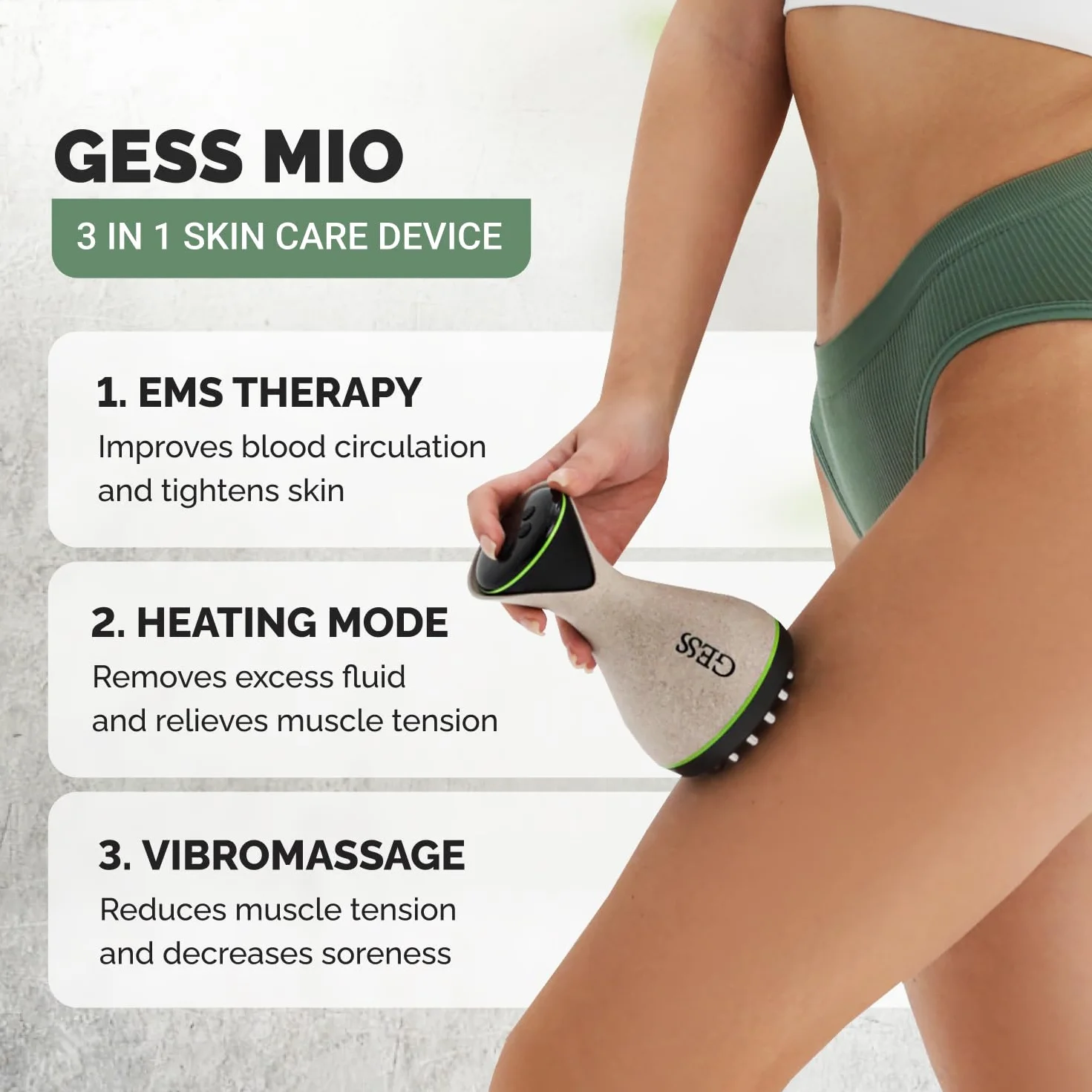 GESS MIO Massaggiatore EMS per Modellare e Tonificare Corpo - 9 Modalità di Intensità, Anti-Cellulite, Massaggio Vibrante per Gambe, Glutei, Collo e Detox