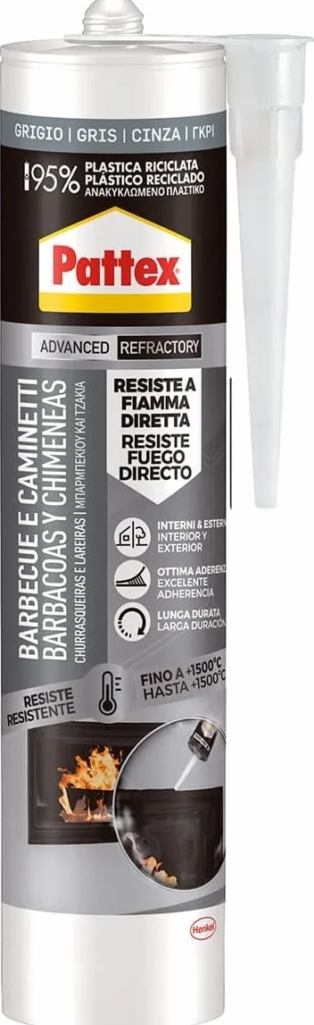 Pattex Silicone alte temperature per barbecue e caminetti, sigillante verniciabile resistente alla fiamma diretta, grigio 280 ml