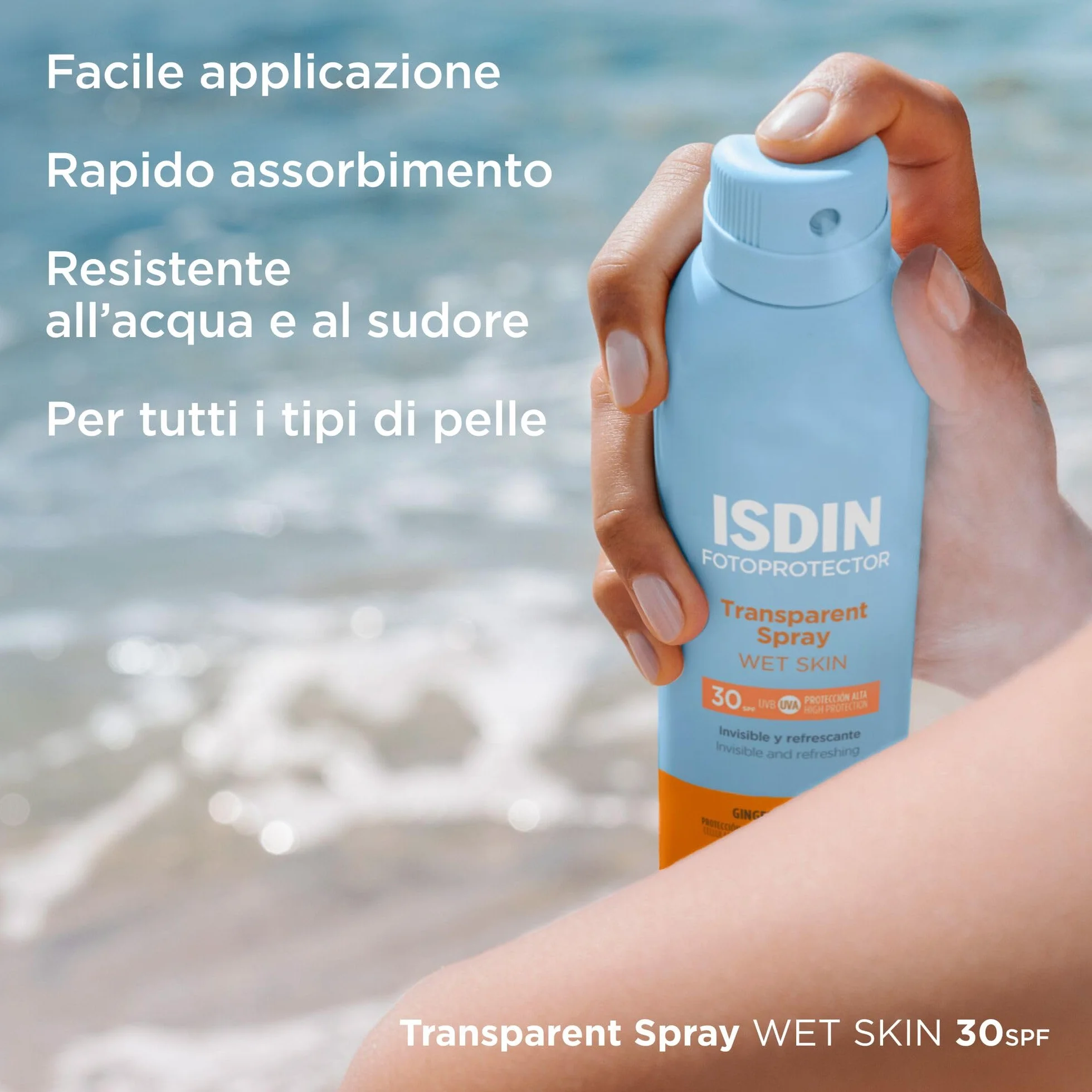 ISDIN Transparent Spray Wet Skin SPF 30 (250ml) | Protezione Solare Spray per il Corpo | Invisibile ed Efficace sulla Pelle Bagnata | Leggero e a Rapido Assorbimento
