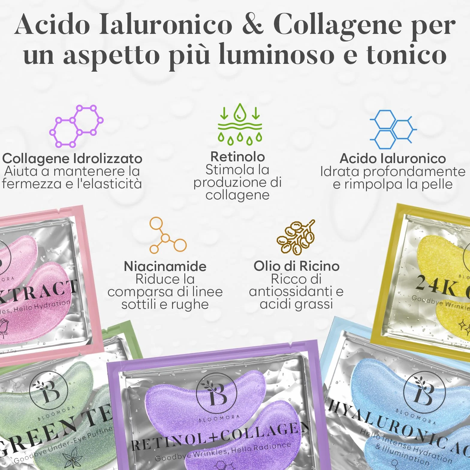 BLOOMORA Patch Occhi (30 paia, Mix Varietà) – Maschera Contorno Occhi con Collagene e Acido Ialuronico – Patch Occhiaie e Borse, Eye Mask Idratante