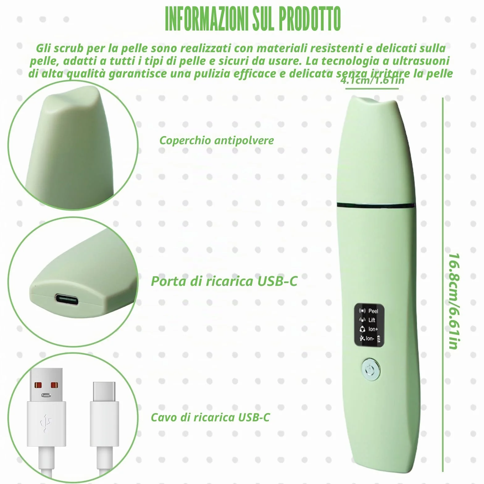 Skin Scrubber - Dispositivo esfoliante ad ultrasuoni, Face Skin Spatula, ricarica TypeC, detergente per pori (verde)