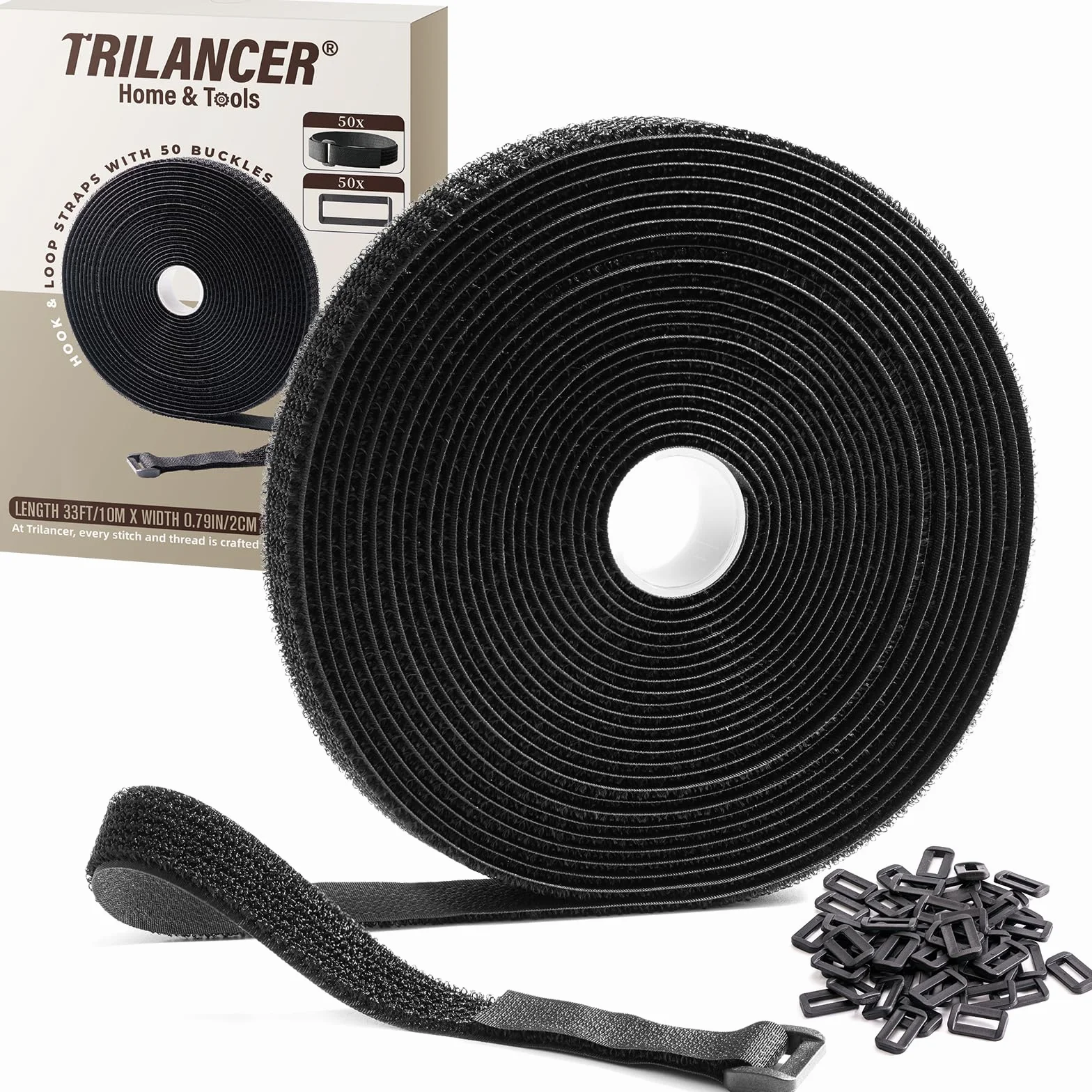 Trilancer Fascette Fermacavi Riutilizzabili 10m x 2cm 50 Fibbie, Nero