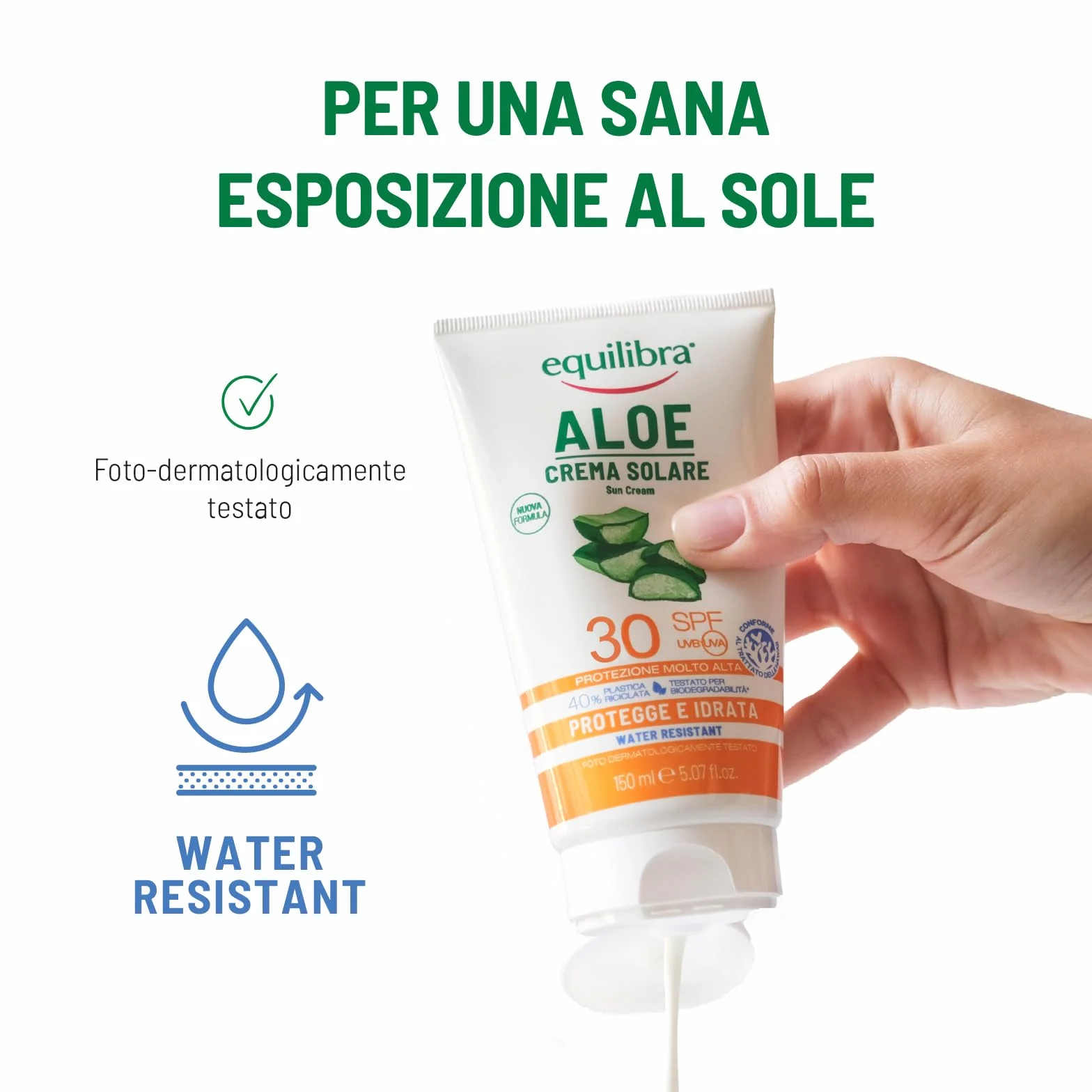 equilibra Solari, Aloe Crema Solare SPF 30 Travel Size, a Base di Aloe Vera, Vitamina C ed E, Olio di Argan, Olio di Cocco e Burro di Karité, Per un'Abbronzatura Sana e Naturale, Water Resistant, 75ml