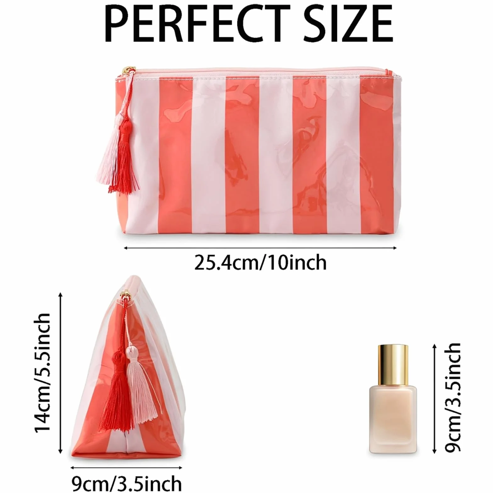 Borsa Cosmetica da Viaggio Donna Astuccio da Toilette a Righe Arancione Beauty Case Impermeabile in PVC con Cerniera Porta Trucchi Trousse Organizer Portatile per la Spiaggia e le Vacanze Estive