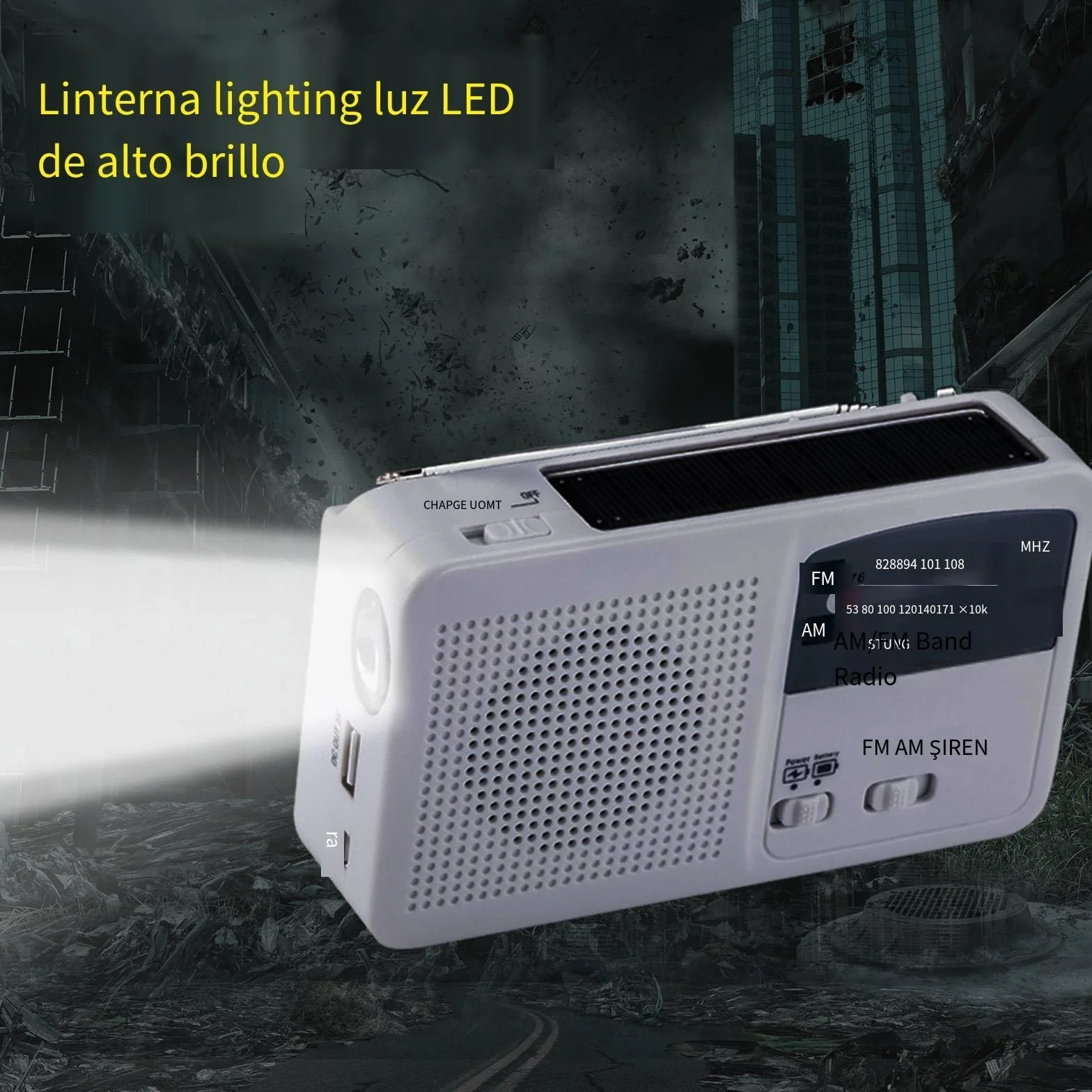 Radio a energia solare a manovella con torcia LED e ricarica cellulare, bianco