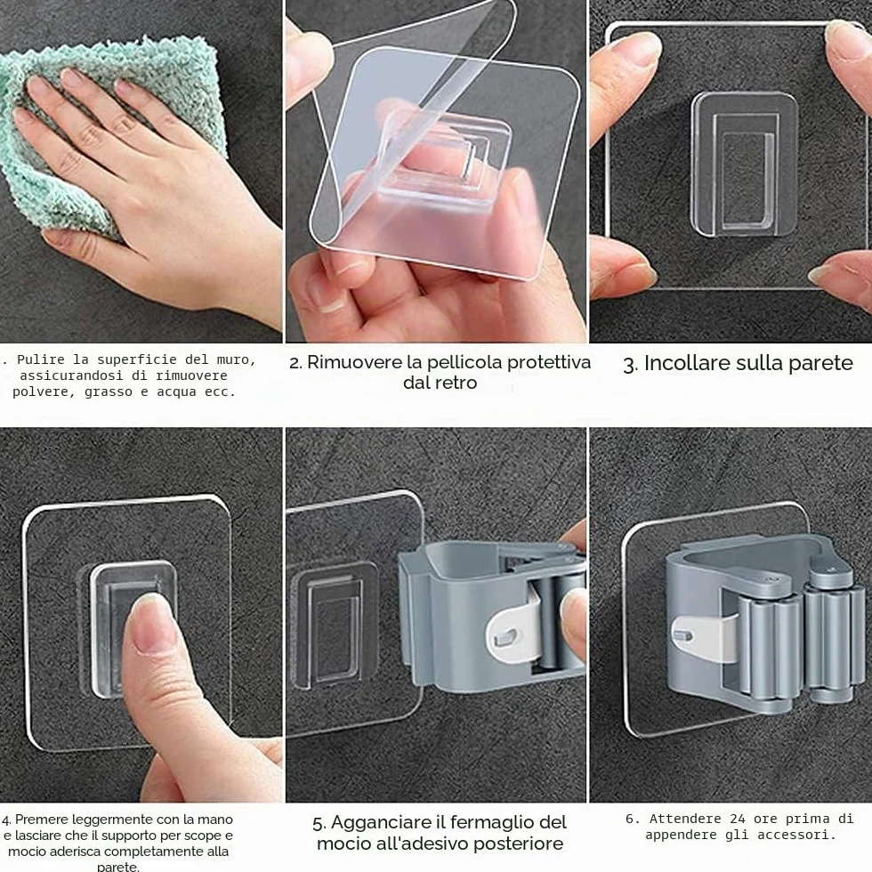 Portascope e Portaspazzole Muro Autoadesivo Plastica Supporto per Scopa da Appendere Ganci per Scope da Muro Adesivi Grigio