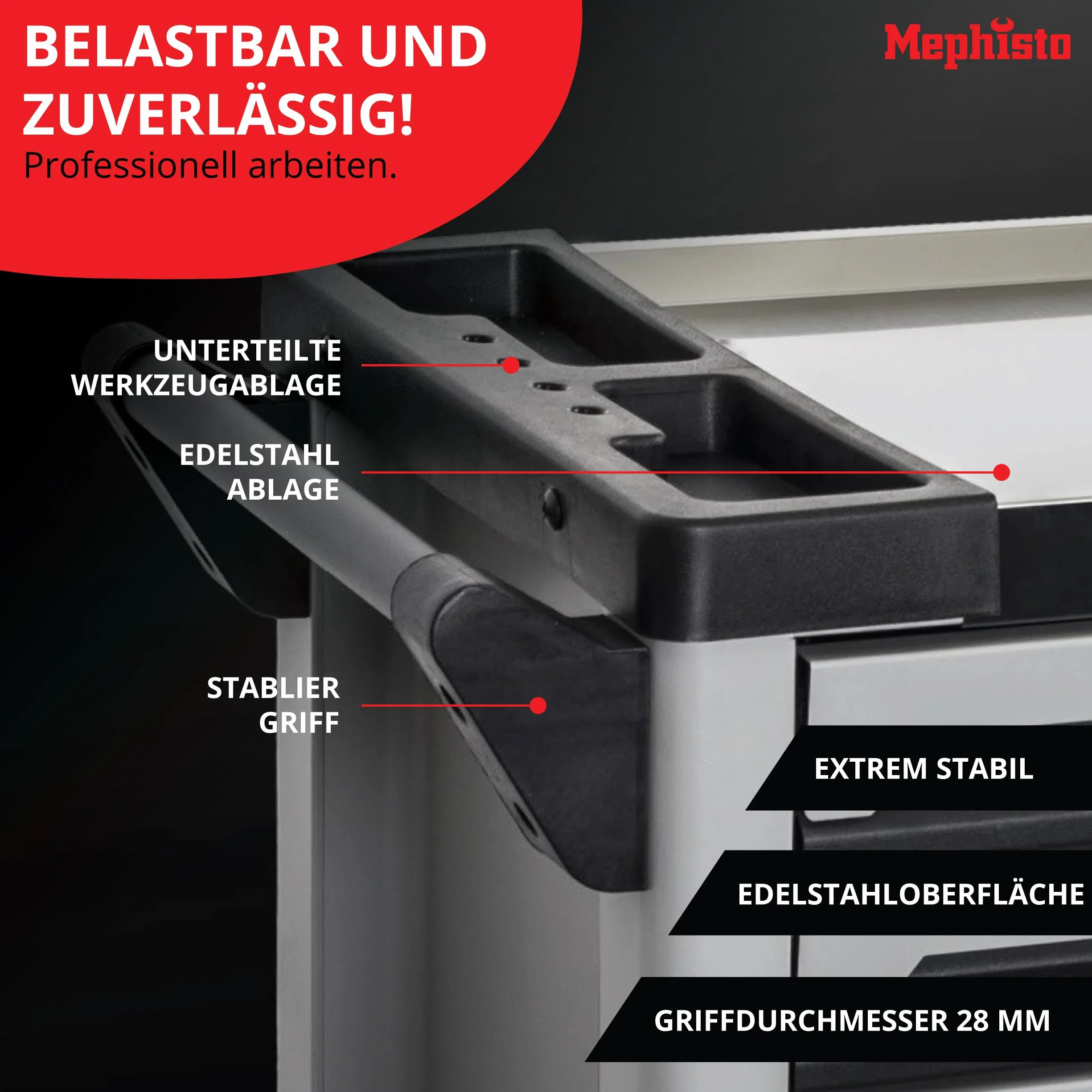 Mephisto XXL Carrello degli attrezzi 7 cassetti inserti morbidi carbonio set chiavi a brugola