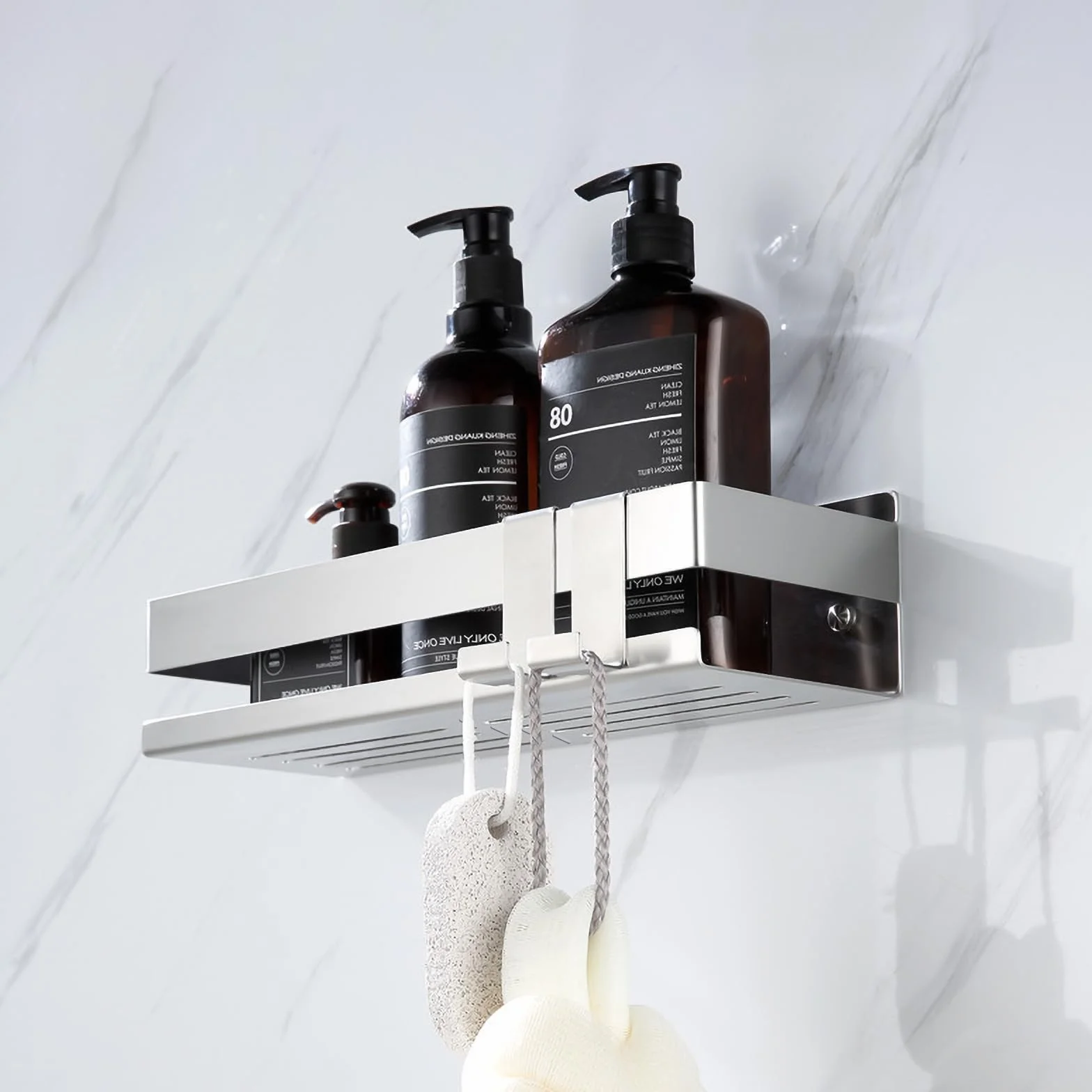 EXLECO Mensola Doccia Senza Foratura 30 CM Acciaio Inox Cromo Spazzolato con 2 Ganci Mobili Porta Shampoo